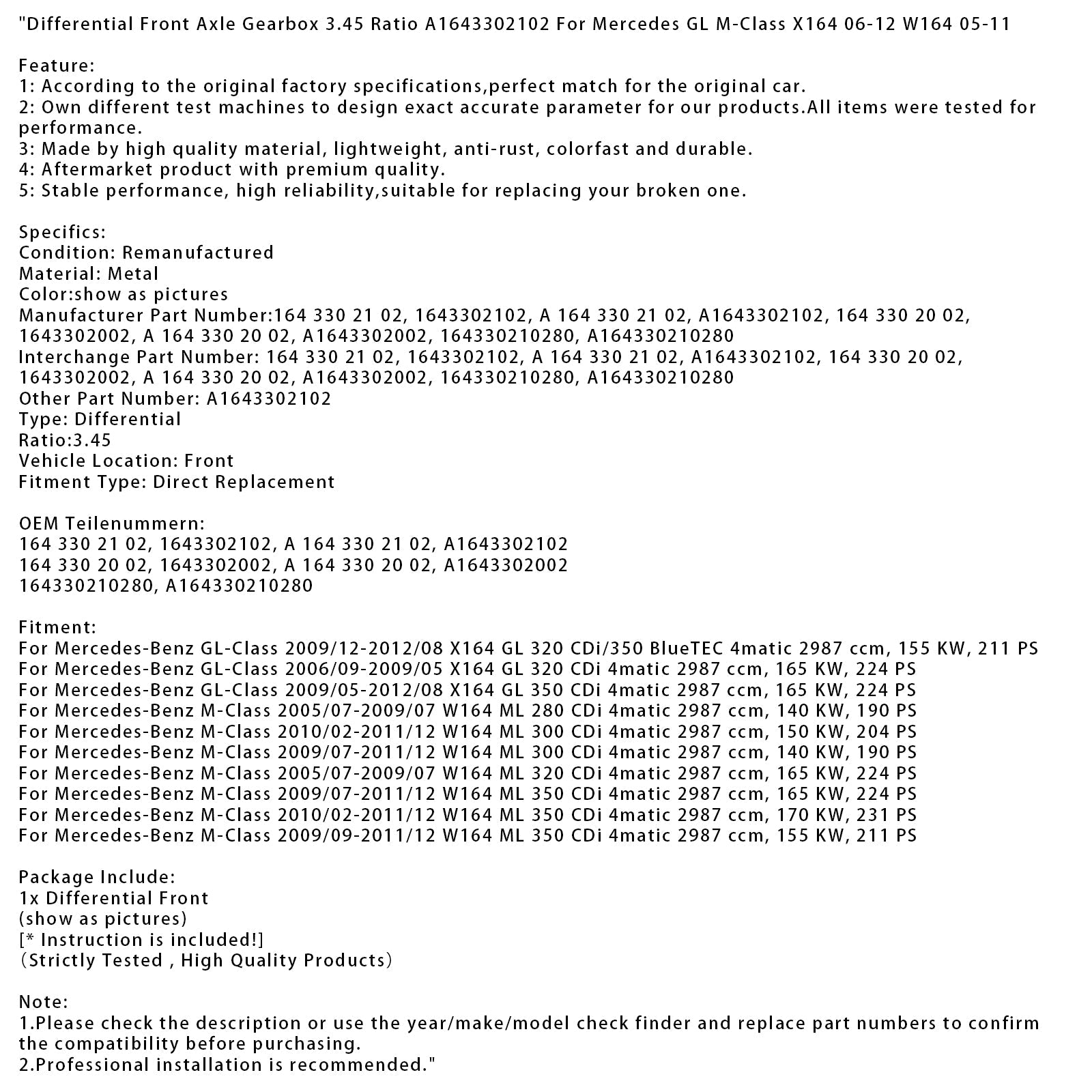 2010/02-2011/12 Mercedes-Benz M-Class W164 ML 300 CDi Differential Front Axle 3.45 Ratio 164330210280 A1643302102
