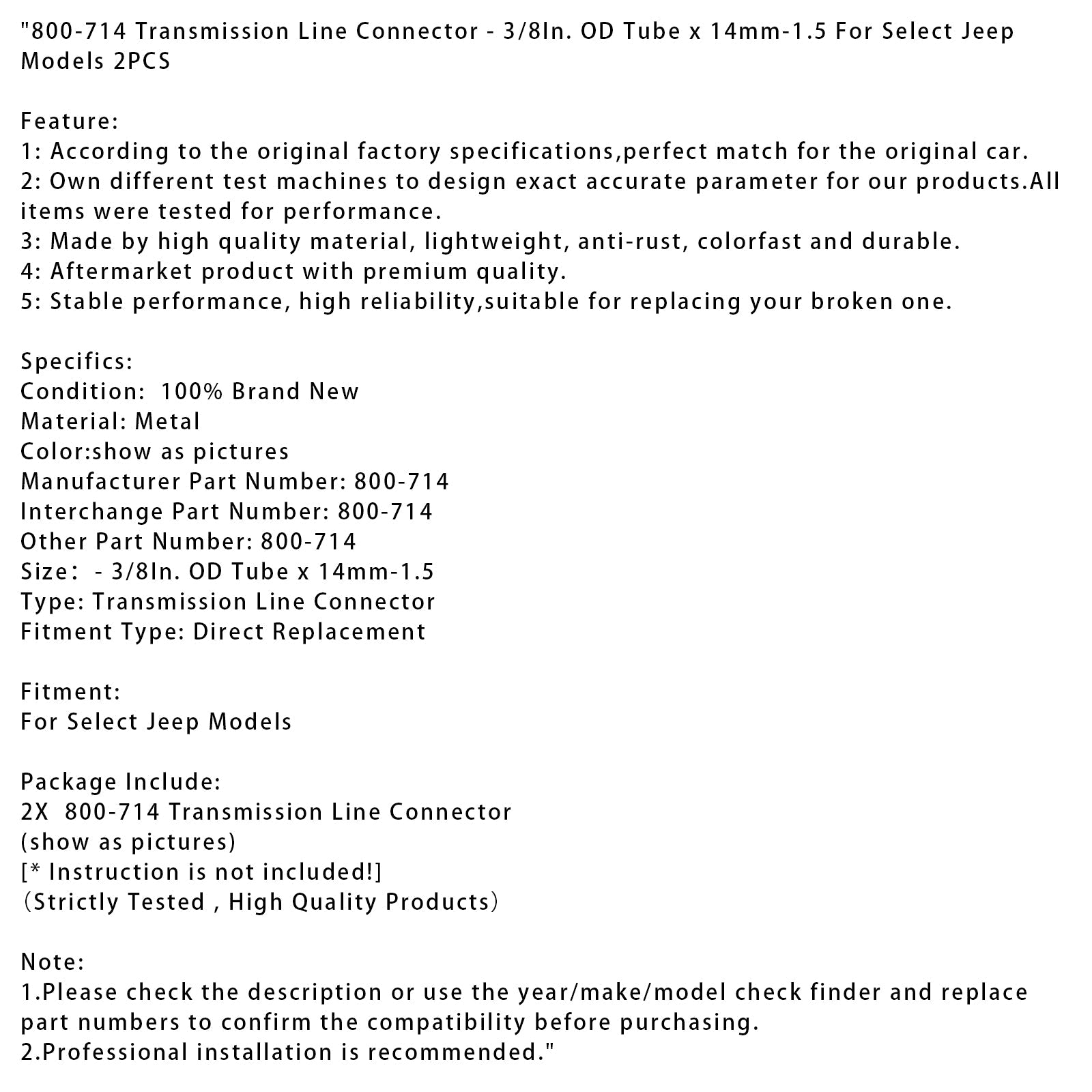 800-714 Transmission Line Connector - 3/8In. OD Tube x 14mm-1.5 2PCS