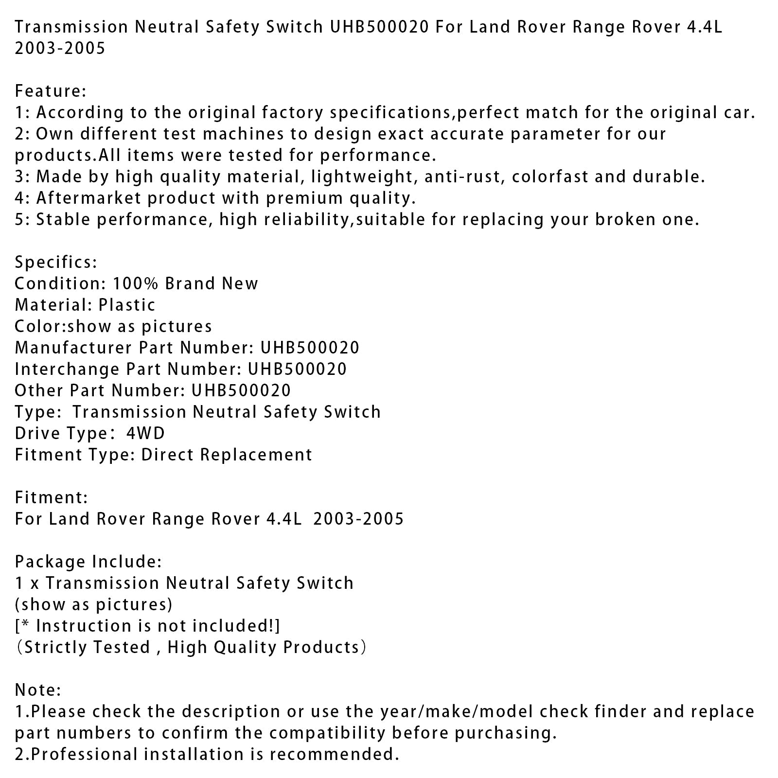 2003-2005 Land Rover Range Rover 4.4L Transmission Neutral Safety Switch UHB500020