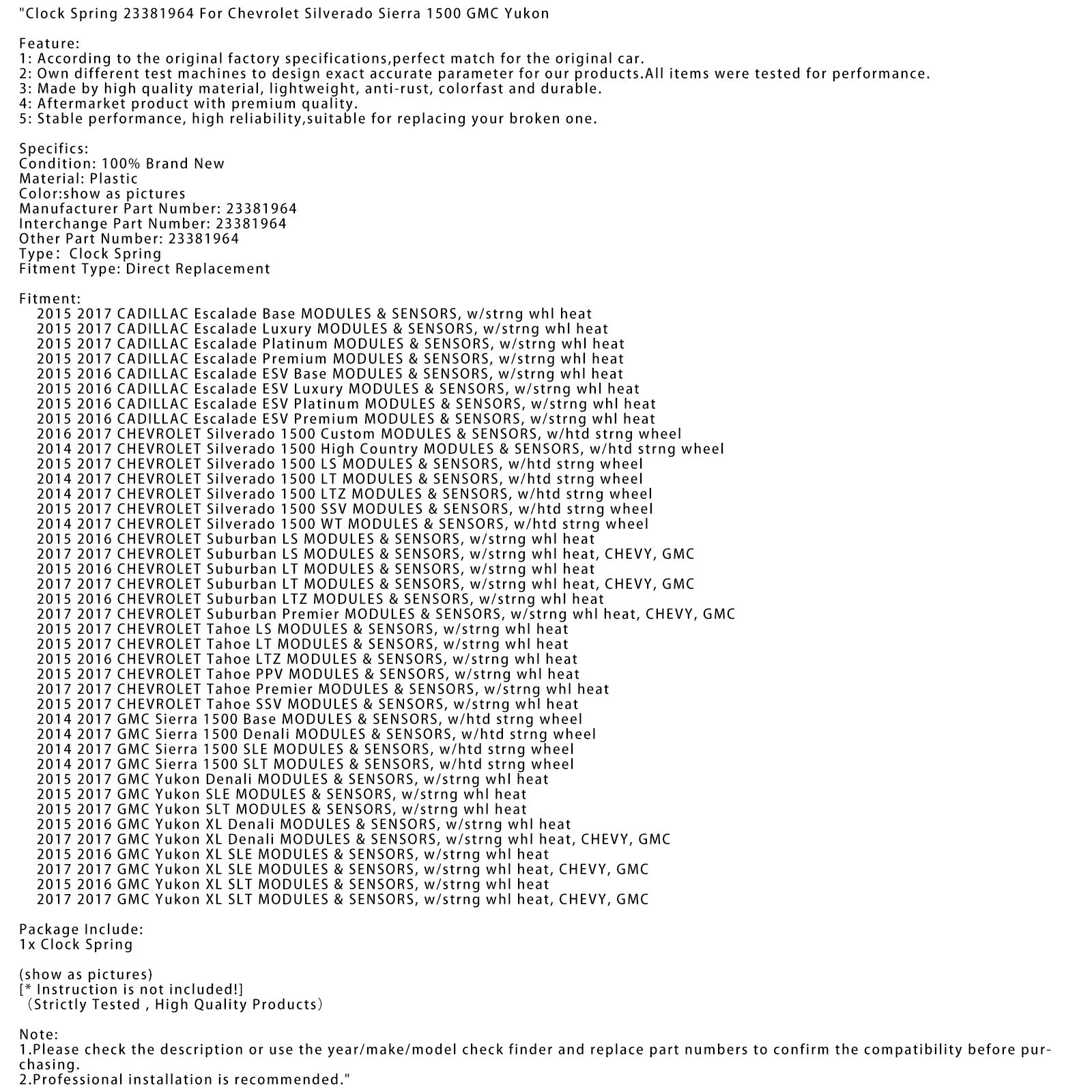 Clock Spring 23381964 For Chevrolet Silverado Sierra 1500 GMC Yukon