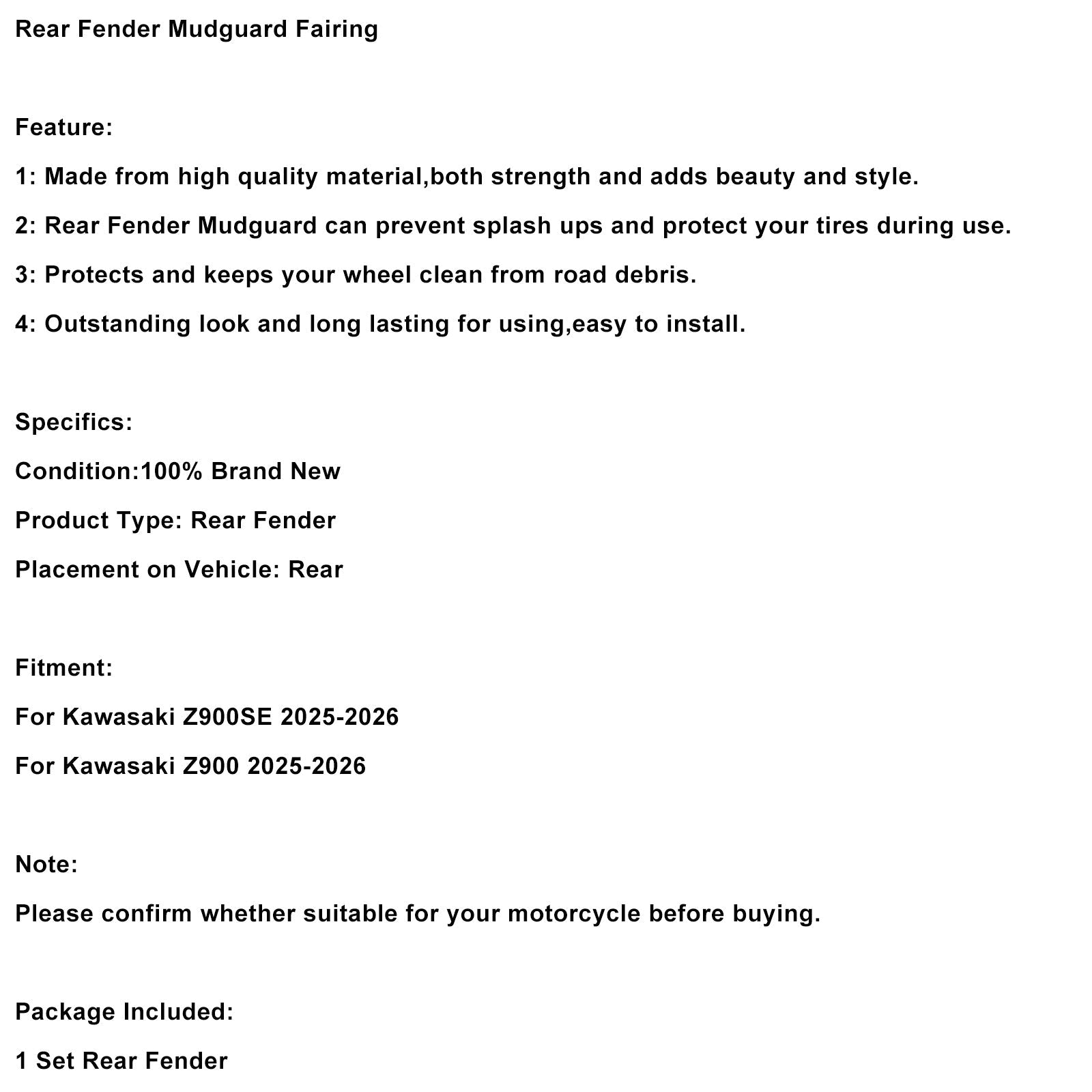 2025-2026 Kawasaki Z900 Z900SE Rear Fender Mudguard Fairing