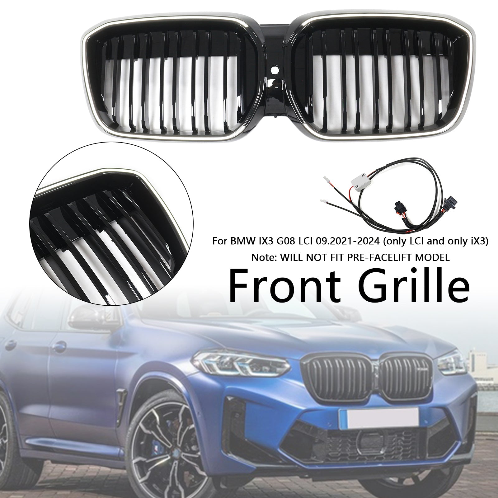Double Slat Gloss Black Front Kidney Grill Grille Fit BMW IX3 G08 LCI 2022-2024