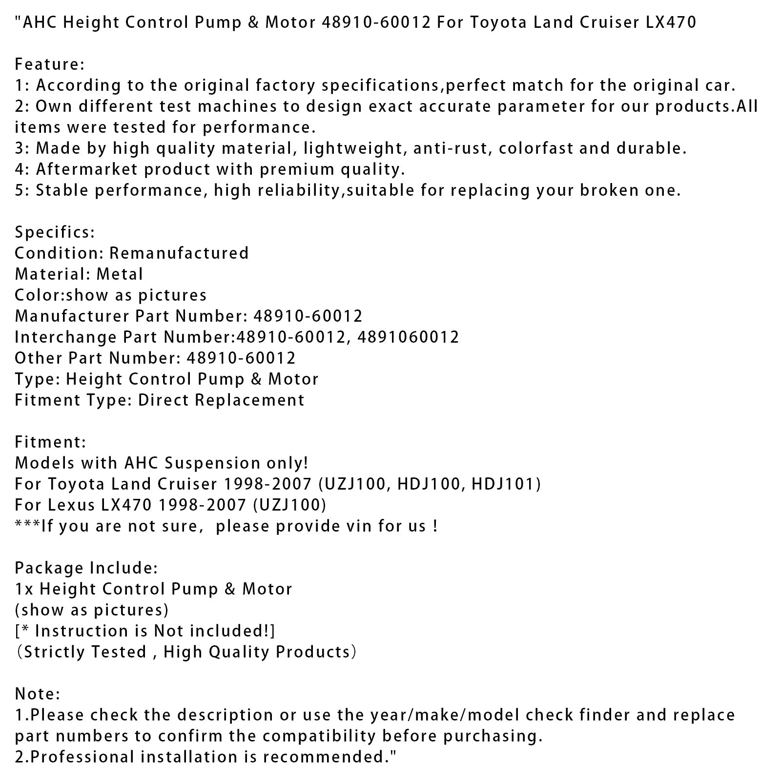 AHC Height Control Pump & Motor 48910-60012 For Toyota Land Cruiser LX470