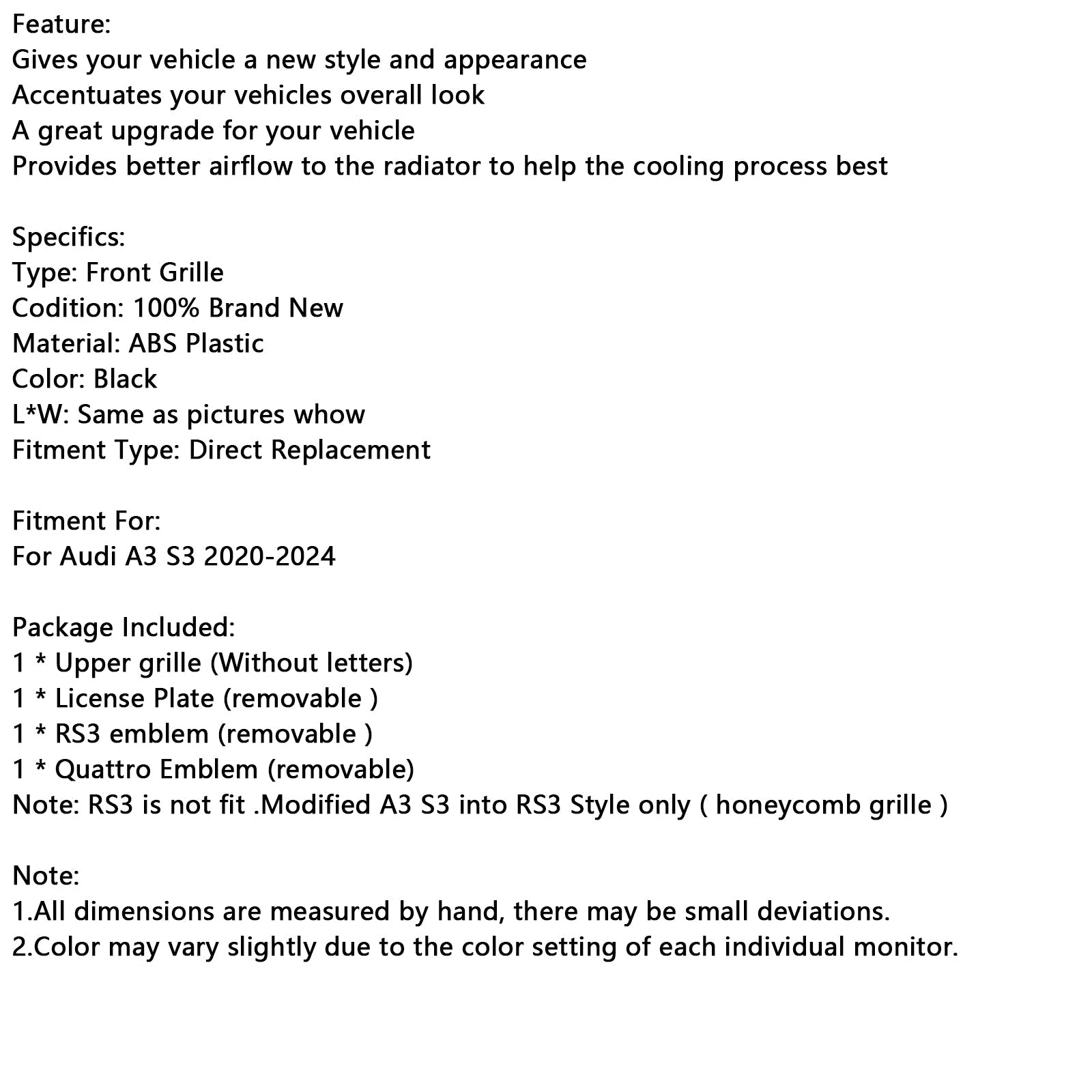 RS3 Style Honeycomb Front Grille Grill Fit Audi A3 S3 2020-2024 Gloss Black