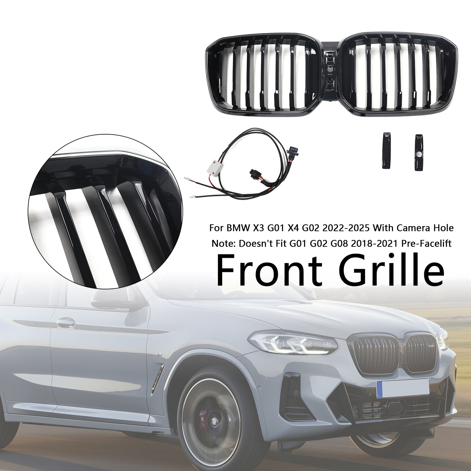 Glossy Black Front Bumper Kidney Grille Fit BMW X3 G01 X4 G02 2022-2025