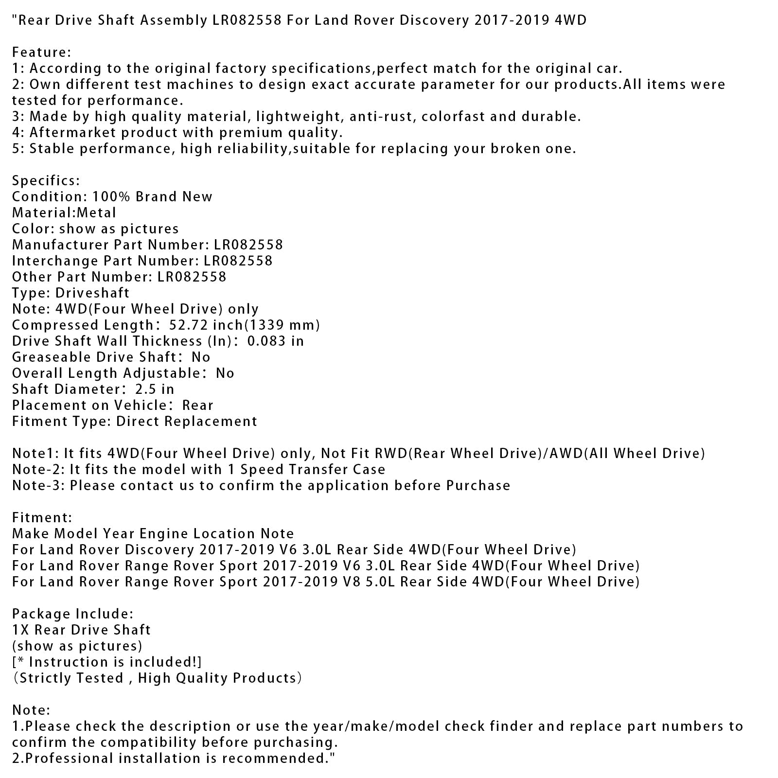 2017-2019 Land Rover Discovery V6 3.0L Rear Side 4WD Rear Drive Shaft Assembly LR082558