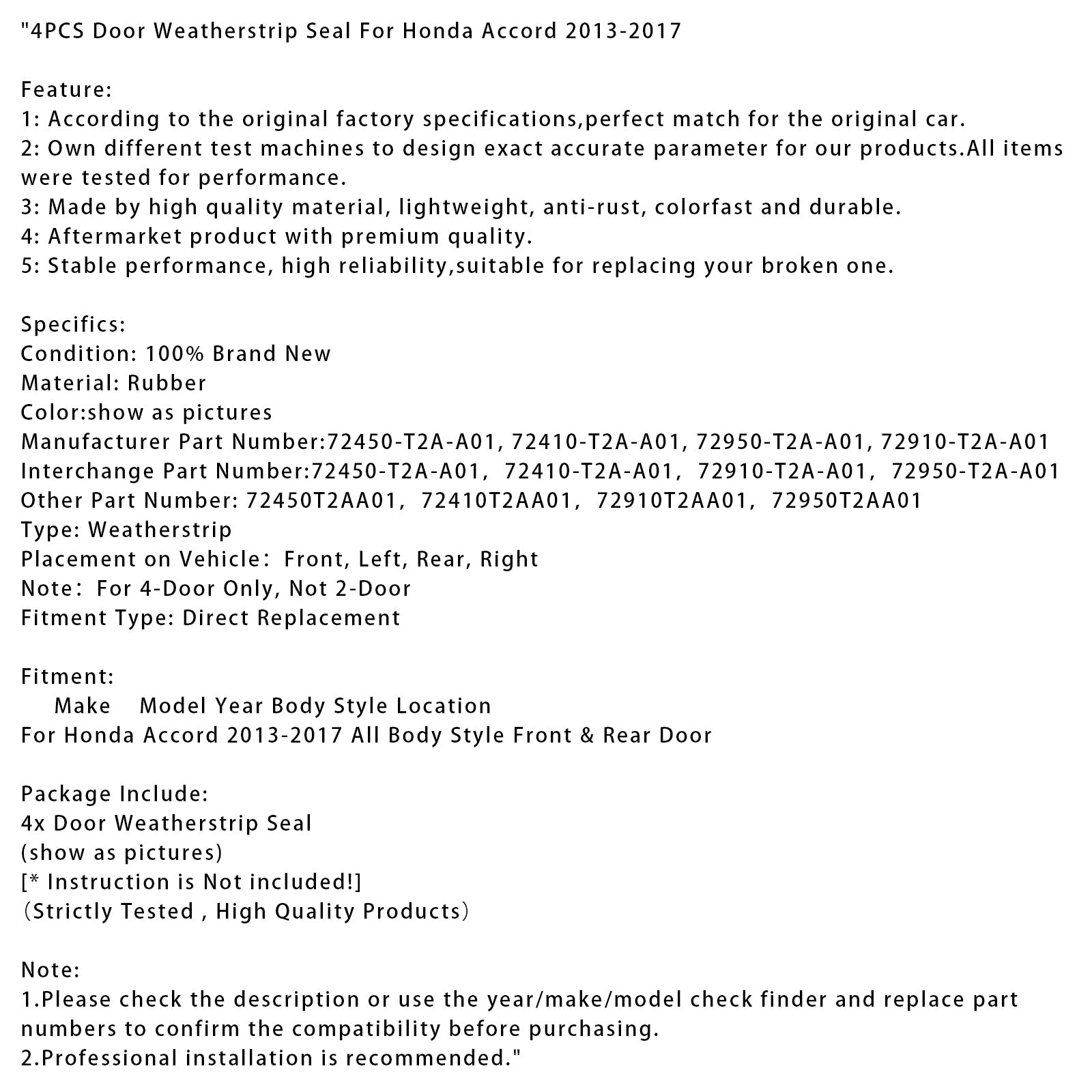 2013-2017 Honda Accord 4PCS Door Weatherstrip Seal