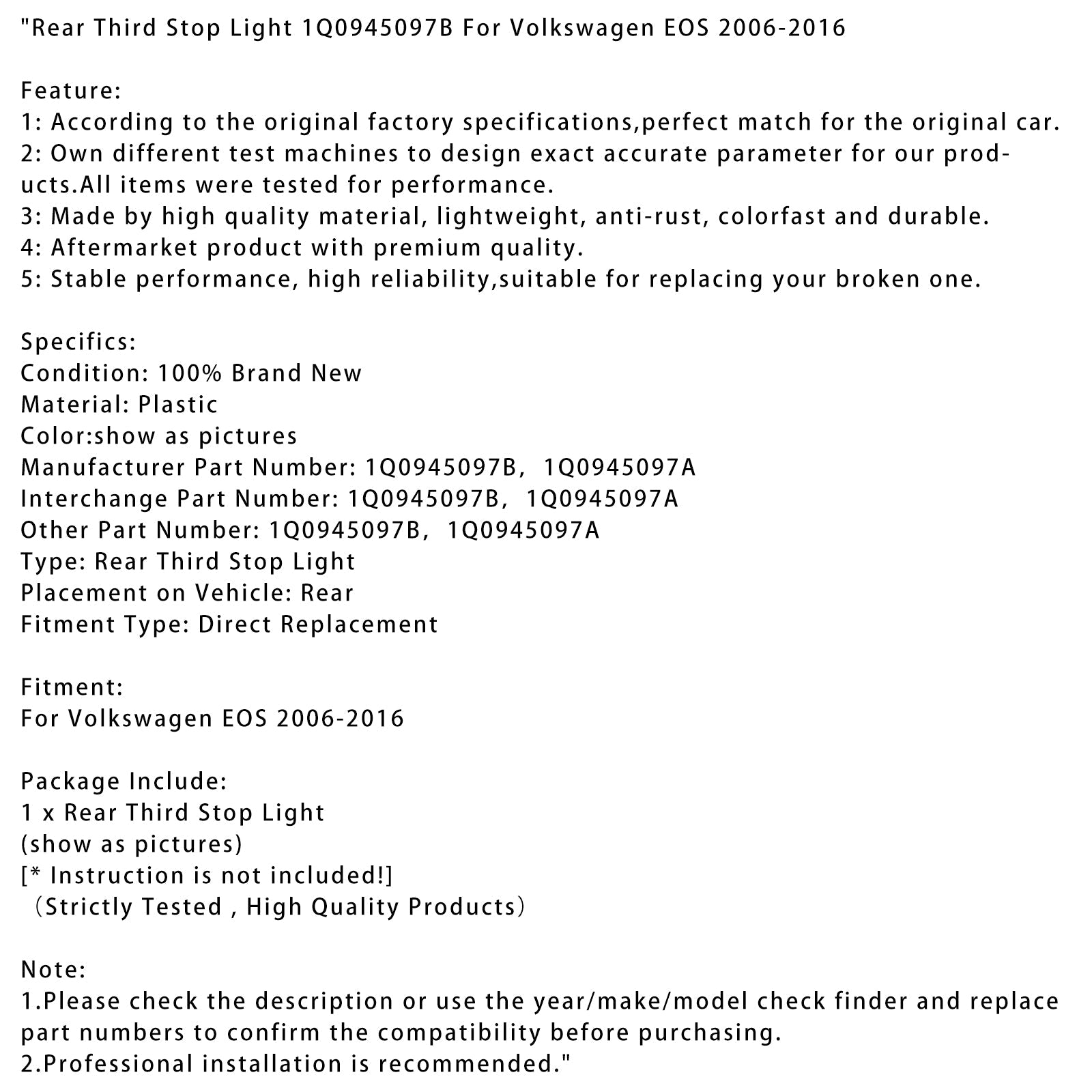 Rear Third Stop Light 1Q0945097B For Volkswagen EOS 2006-2016