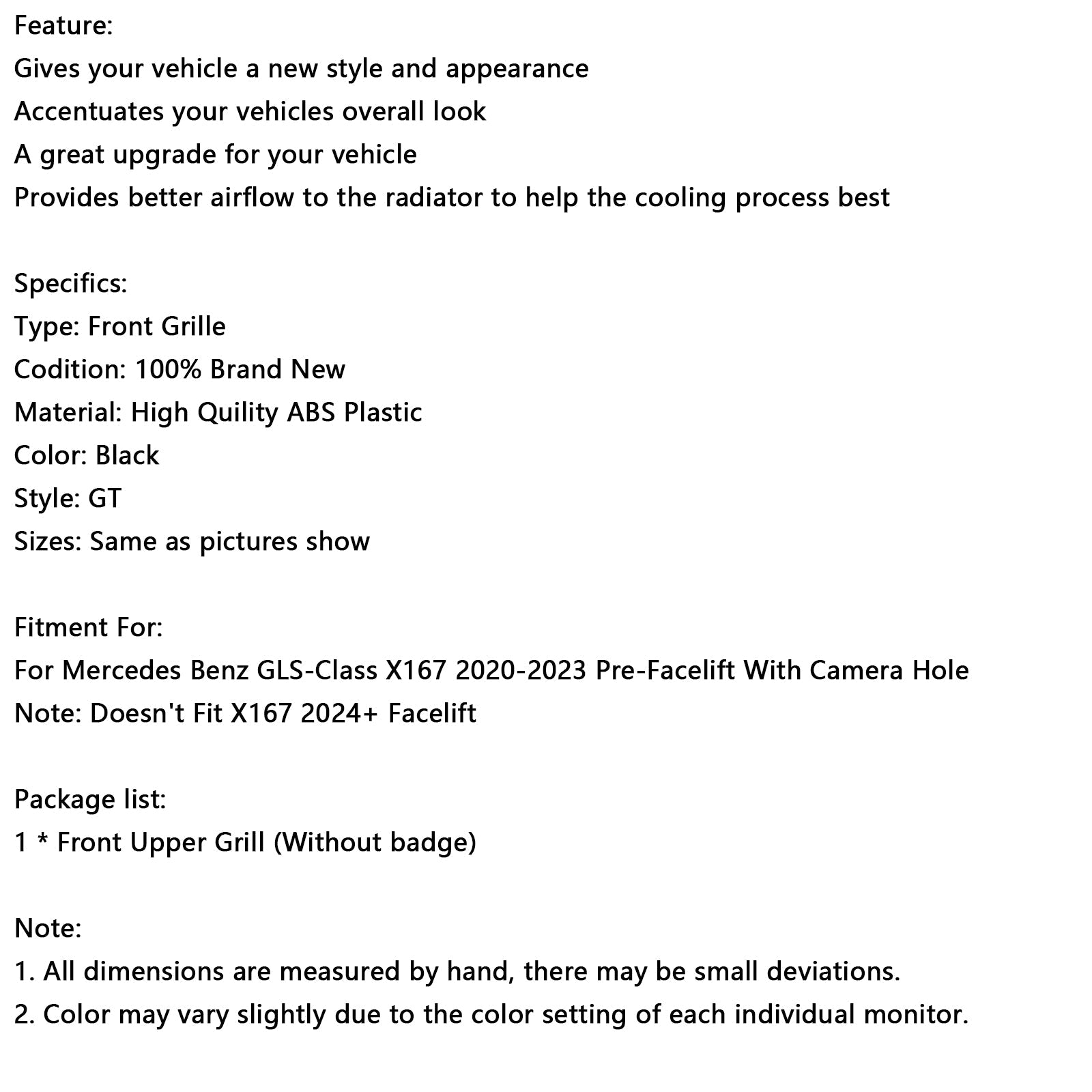 2020-2023 Mercedes Benz X167 GLS450 GLS580 Front Bumper Grill Grille