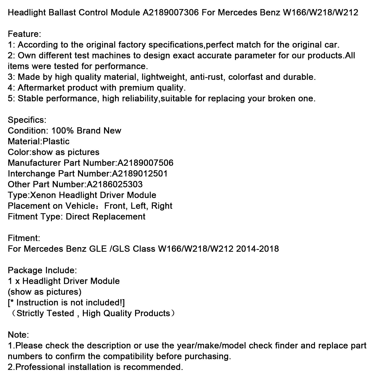 2014-2018 Mercedes Benz GLE /GLS Class W166/W218/W212 Headlight Ballast Control Module A2189007306