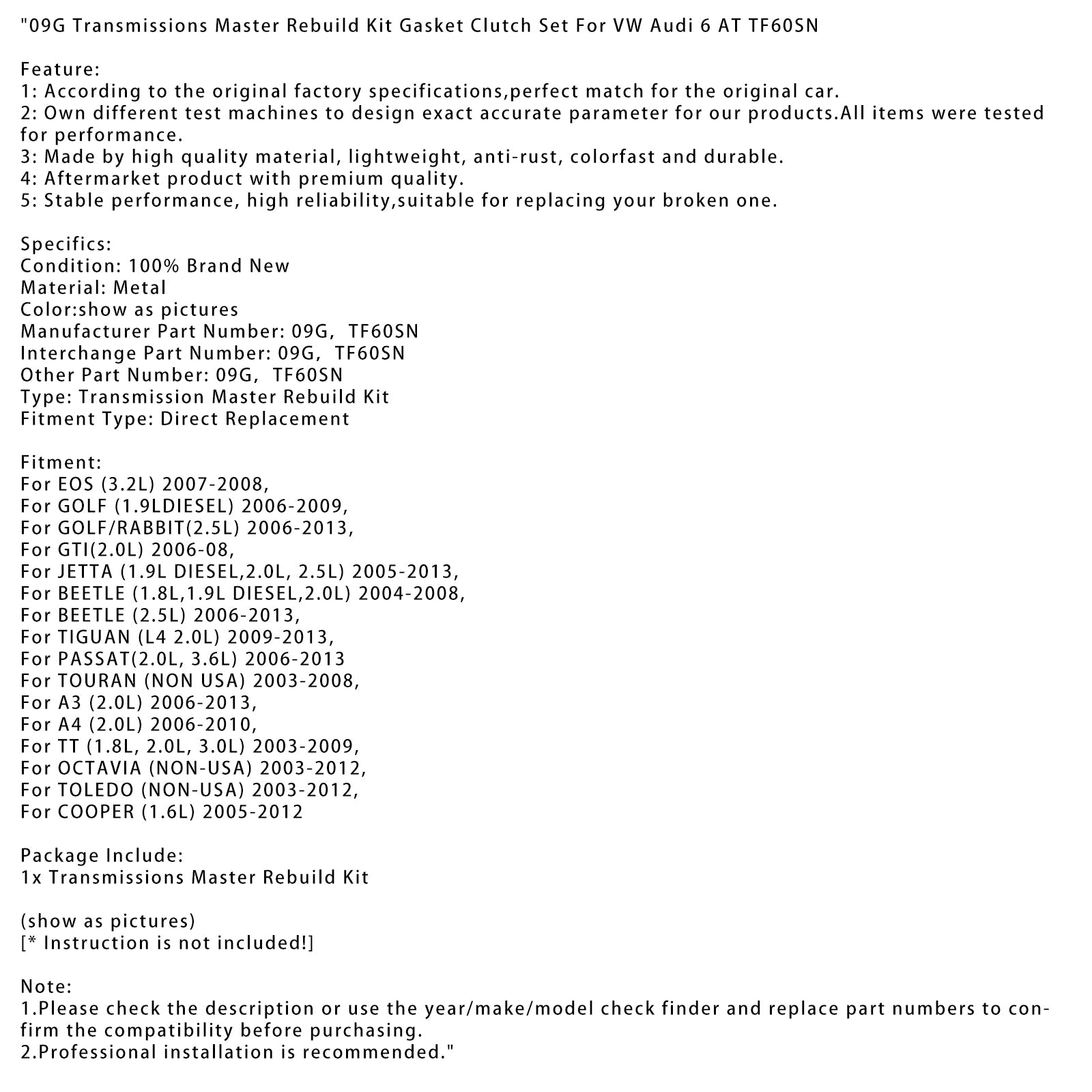 09G Transmissions Master Rebuild Kit Gasket Clutch Set For VW Audi 6 AT TF60SN