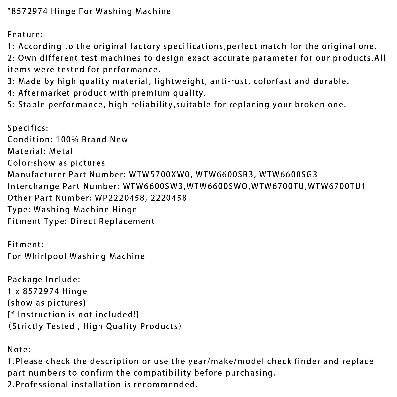 8572974 Hinge For Washing Machine