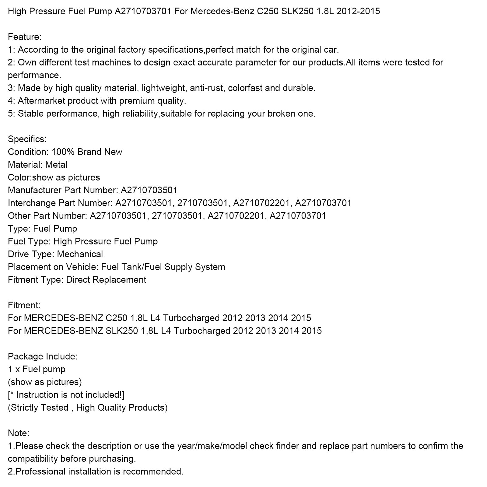 High Pressure Fuel Pump A2710703701 For Mercedes-Benz C250 SLK250 1.8L 2012-2015