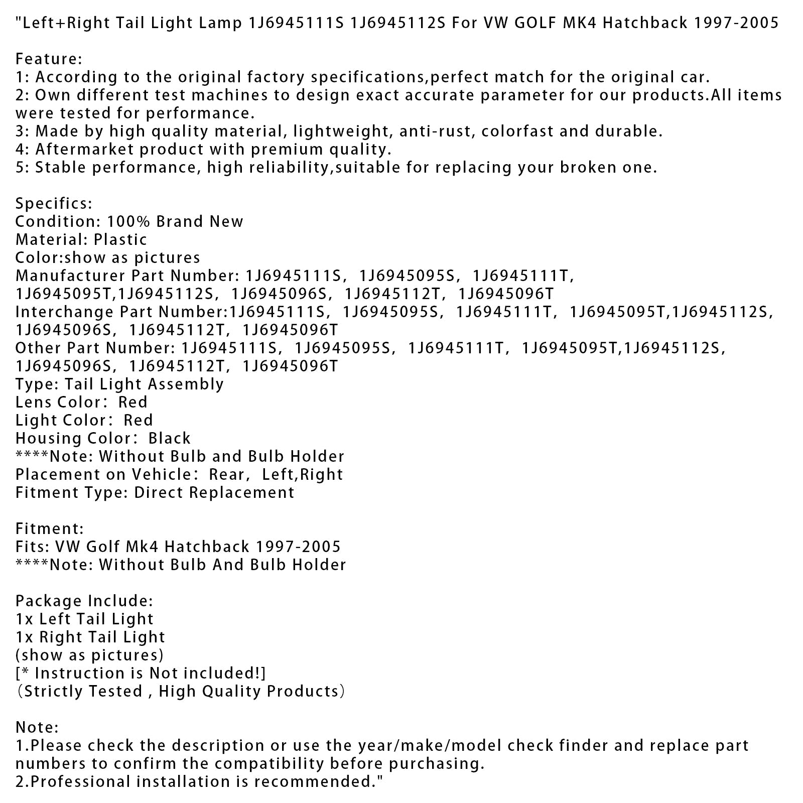 1997-2005 VW Golf Mk4 Hatchback Left+Right Tail Light Lamp 1J6945111S 12S 1J6945111T