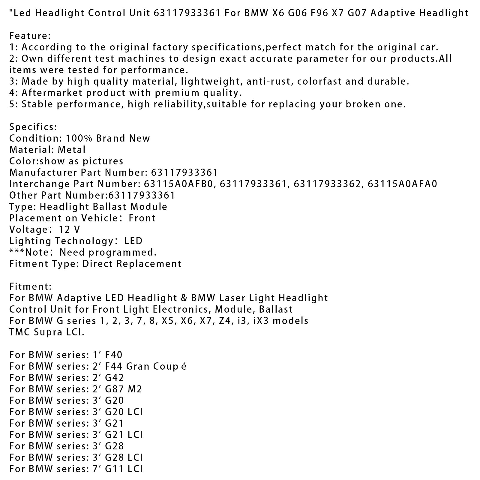 Headlight Control Unit 63117933361 For BMW X6 G06 F96 X7 G07 Adaptive Headlight