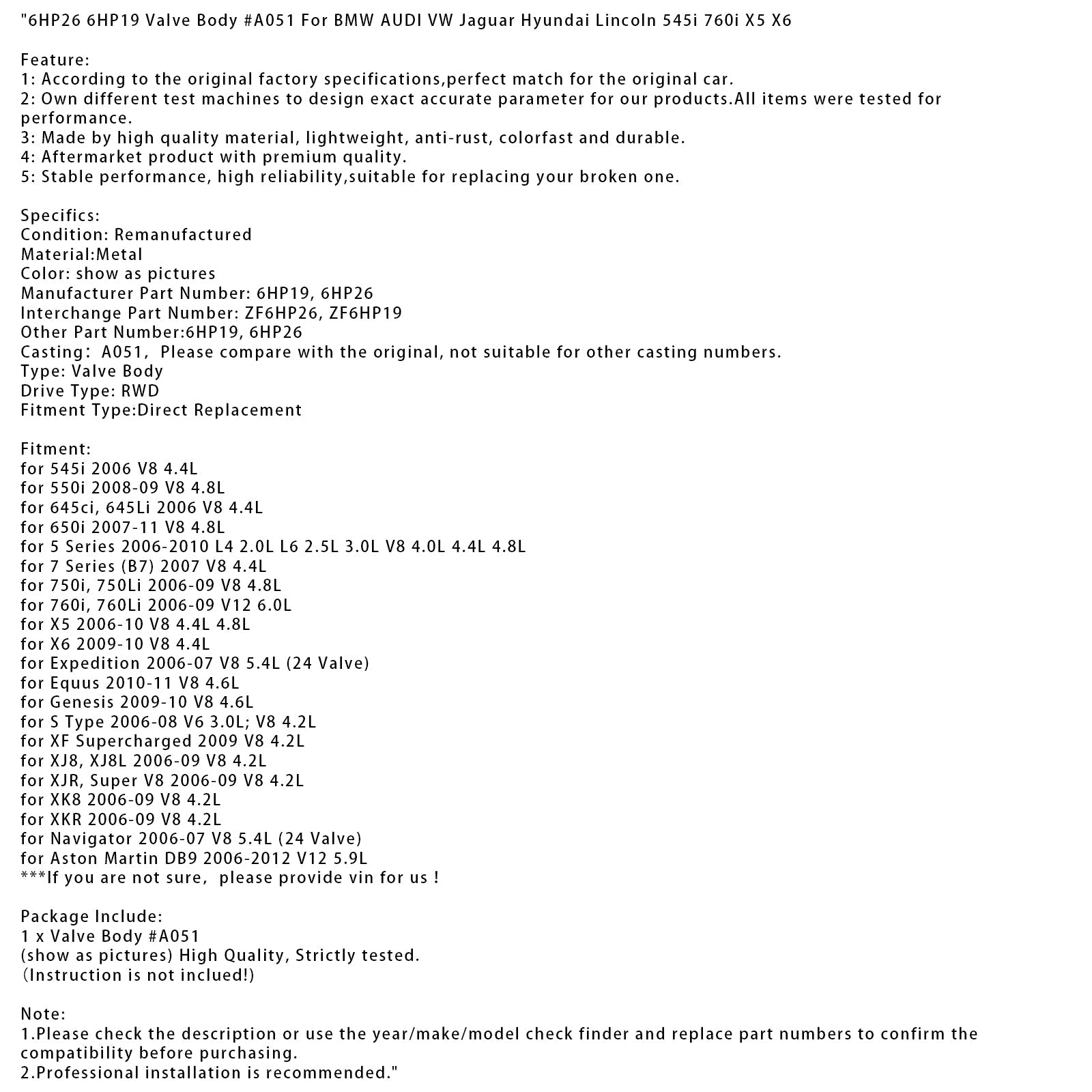 6HP26 6HP19 Valve Body #A051 For BMW AUDI VW Jaguar Hyundai Lincoln 545i 760i