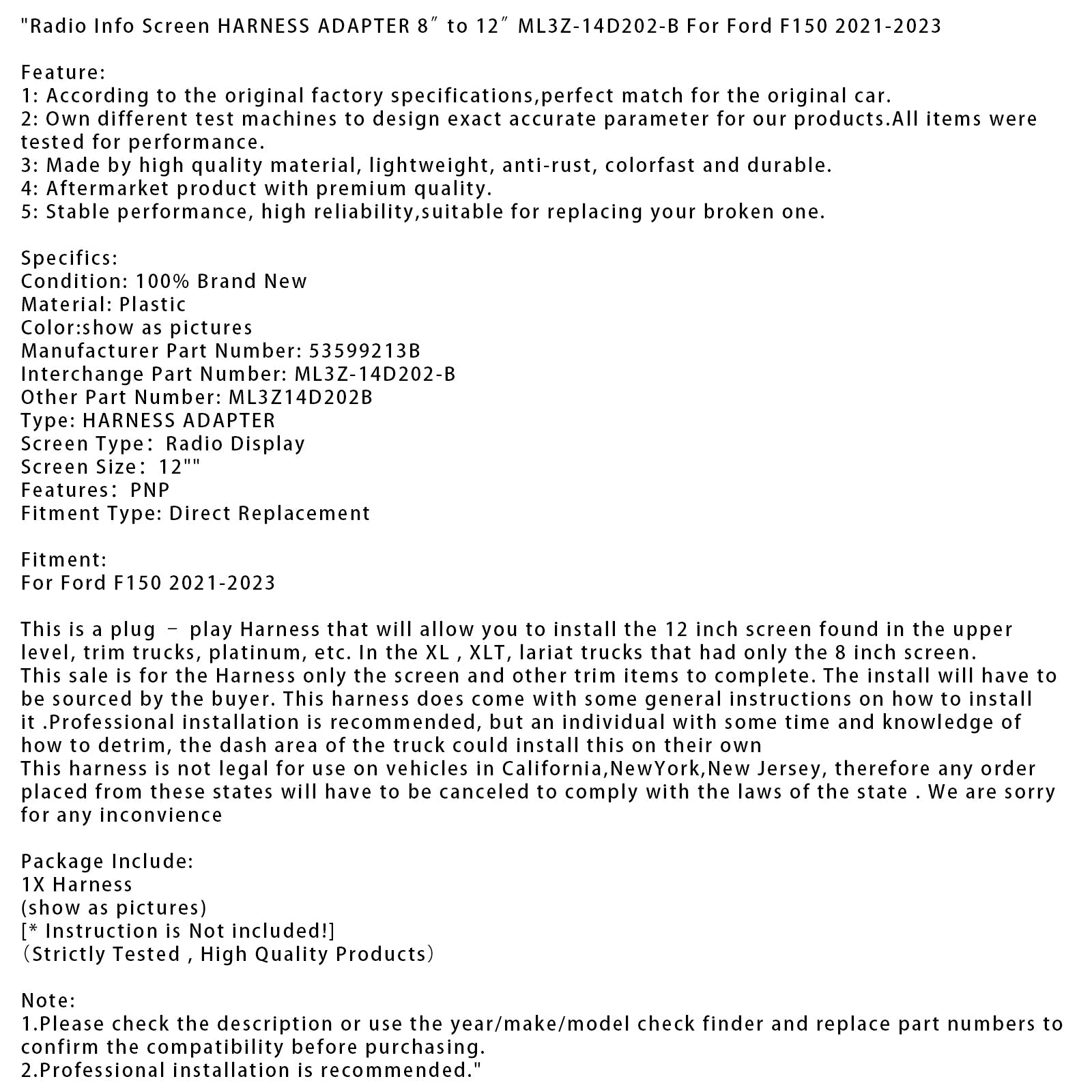 2021-2023 Ford F150 Radio Info Screen HARNESS ADAPTER 8” to 12” ML3Z-14D202-B