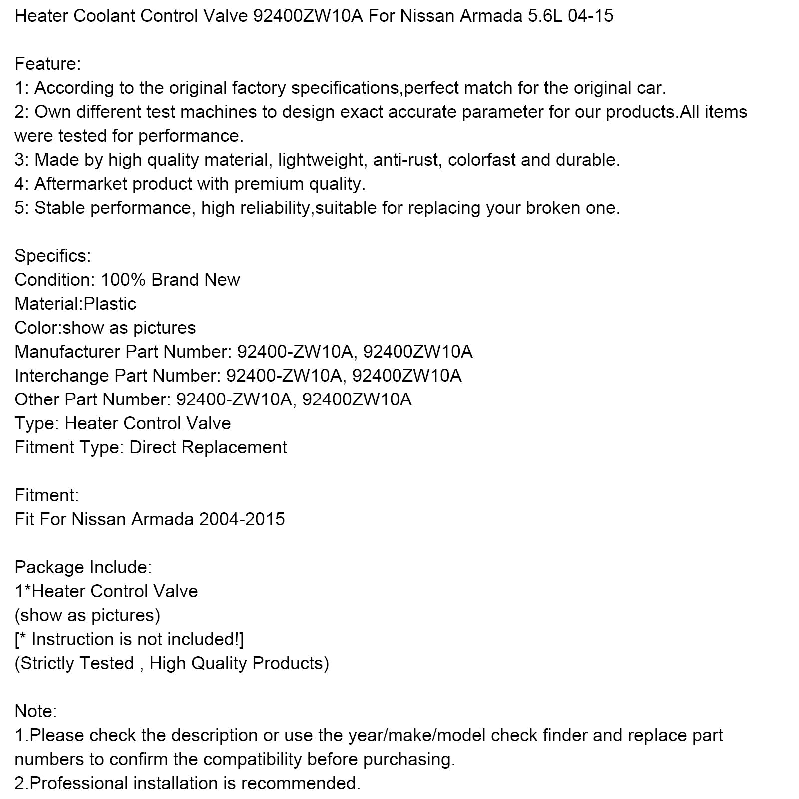 2004-2015 Nissan Armada 5.6L Heater Coolant Control Valve 92400ZW10A