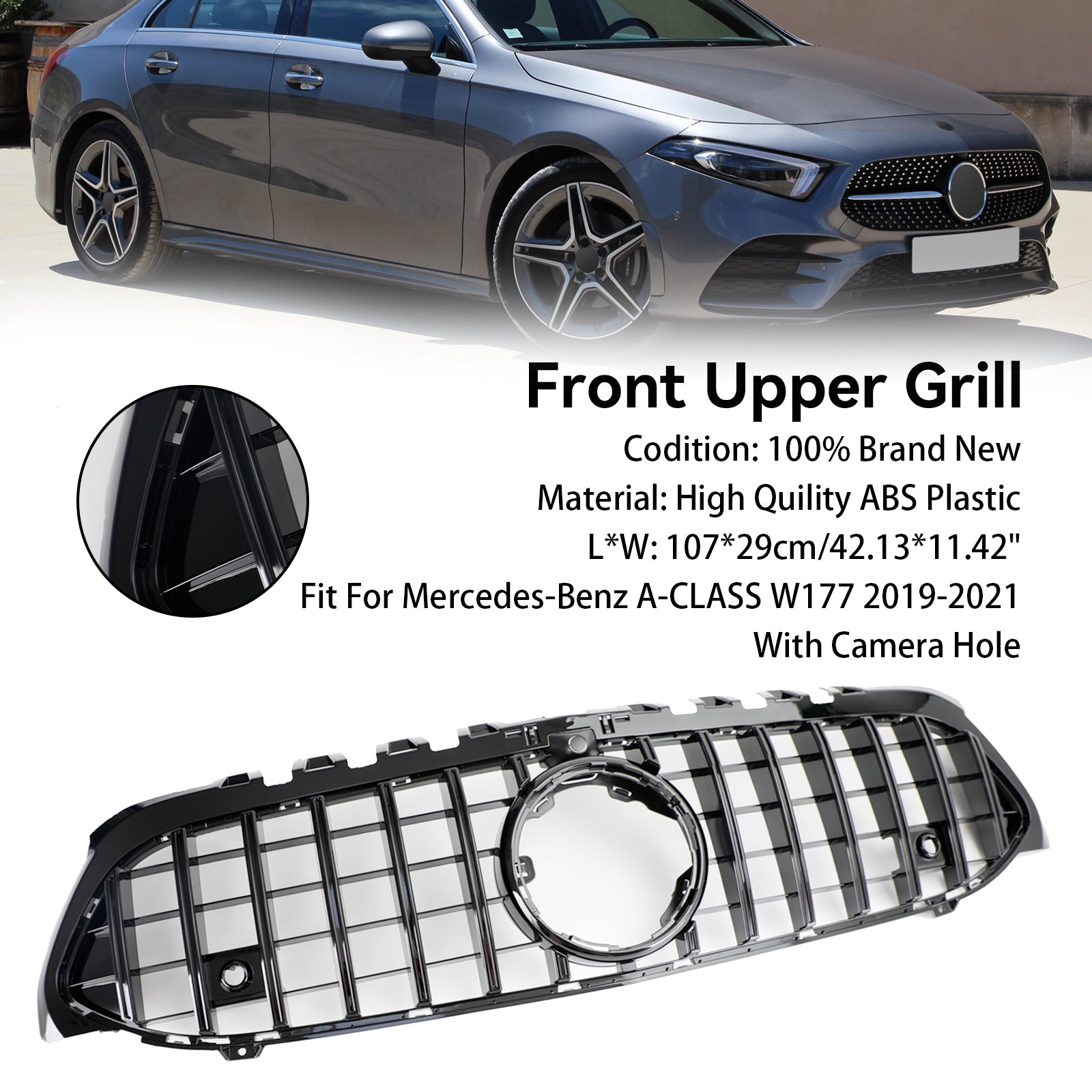 GT Style Front Bumper Grille Fit Mercedes Benz A-Class W177 2019-2023 Black