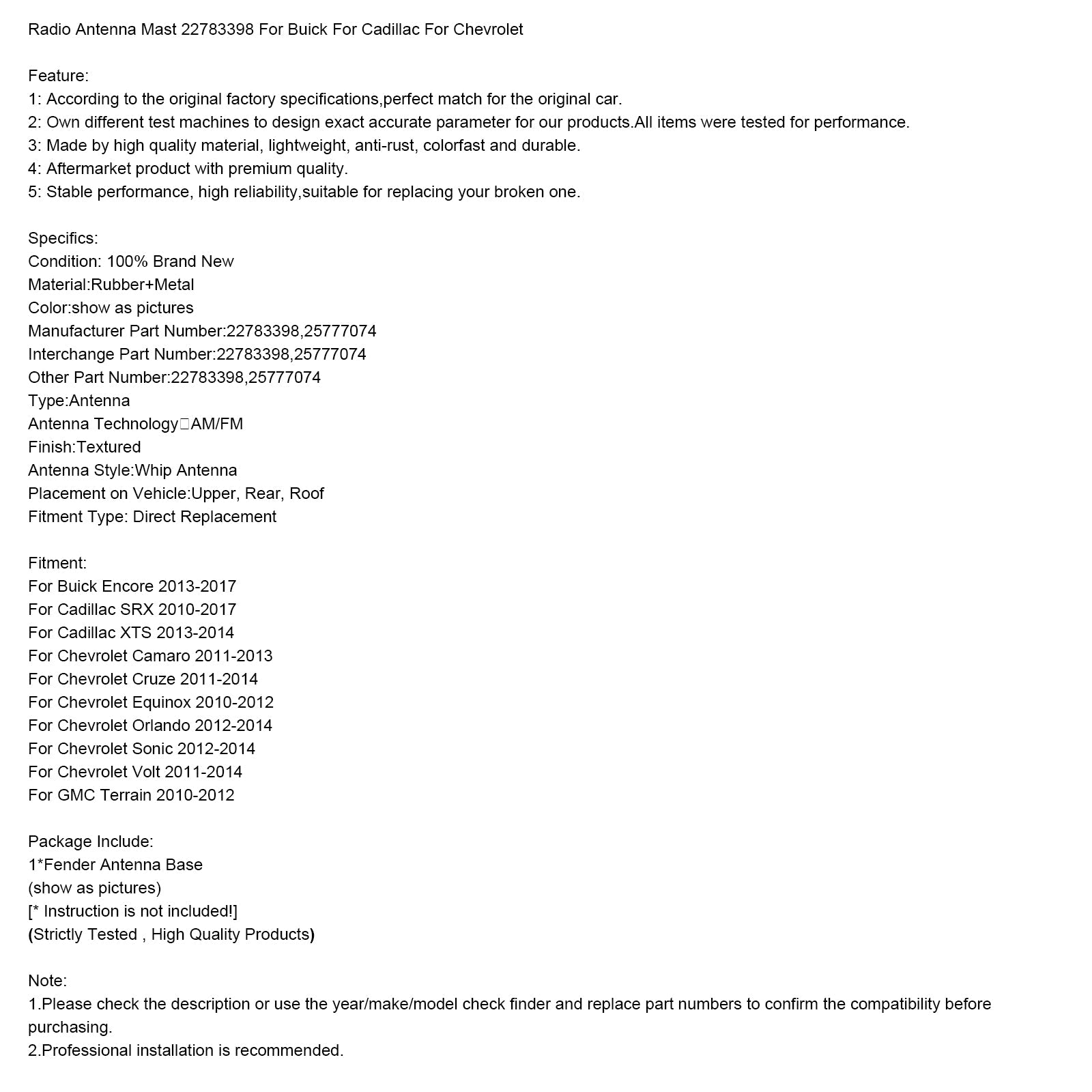 Radio Antenna Mast 22783398 For Buick For Cadillac For Chevrolet