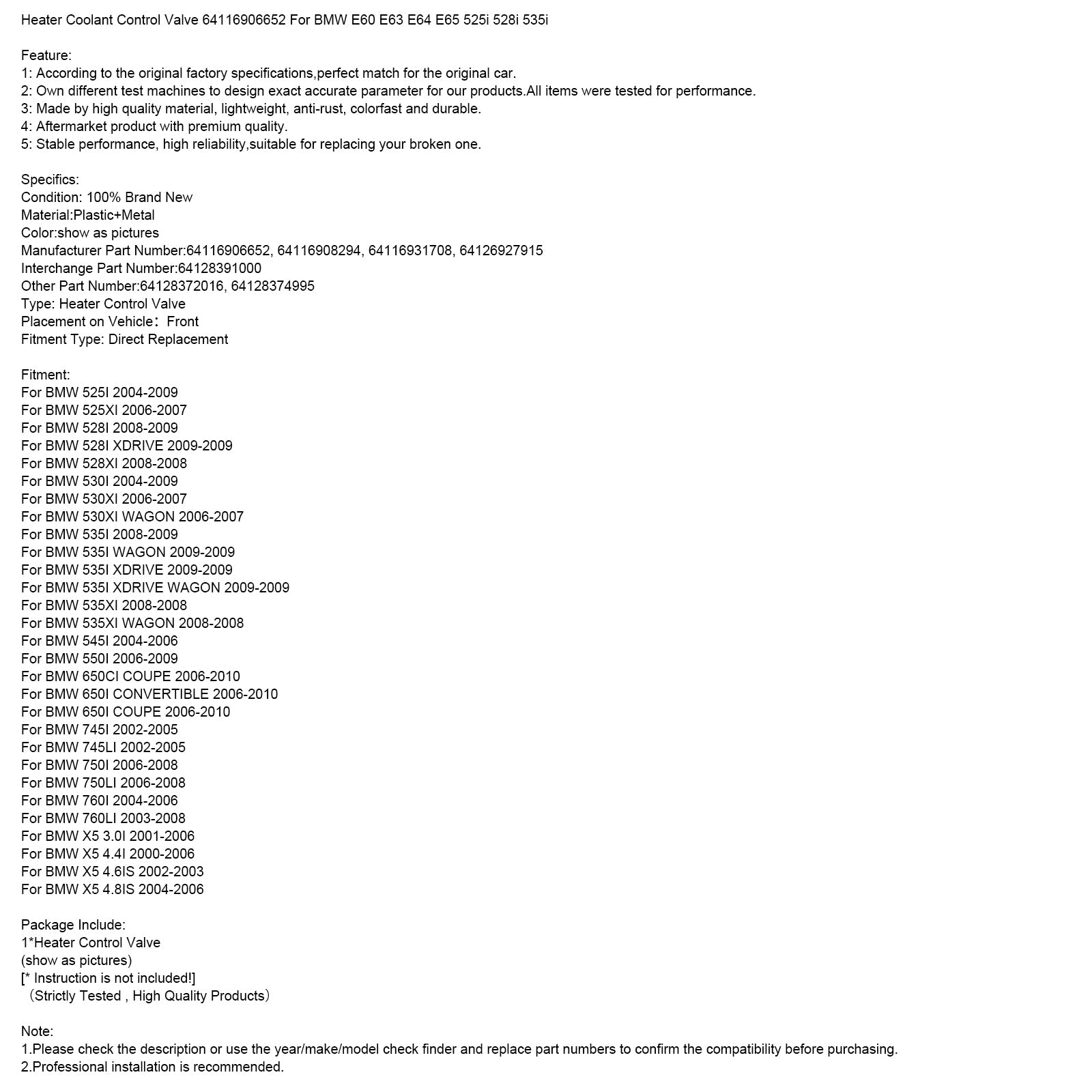 Heater Coolant Control Valve 64116906652 For BMW E60 E63 E64 E65 525i