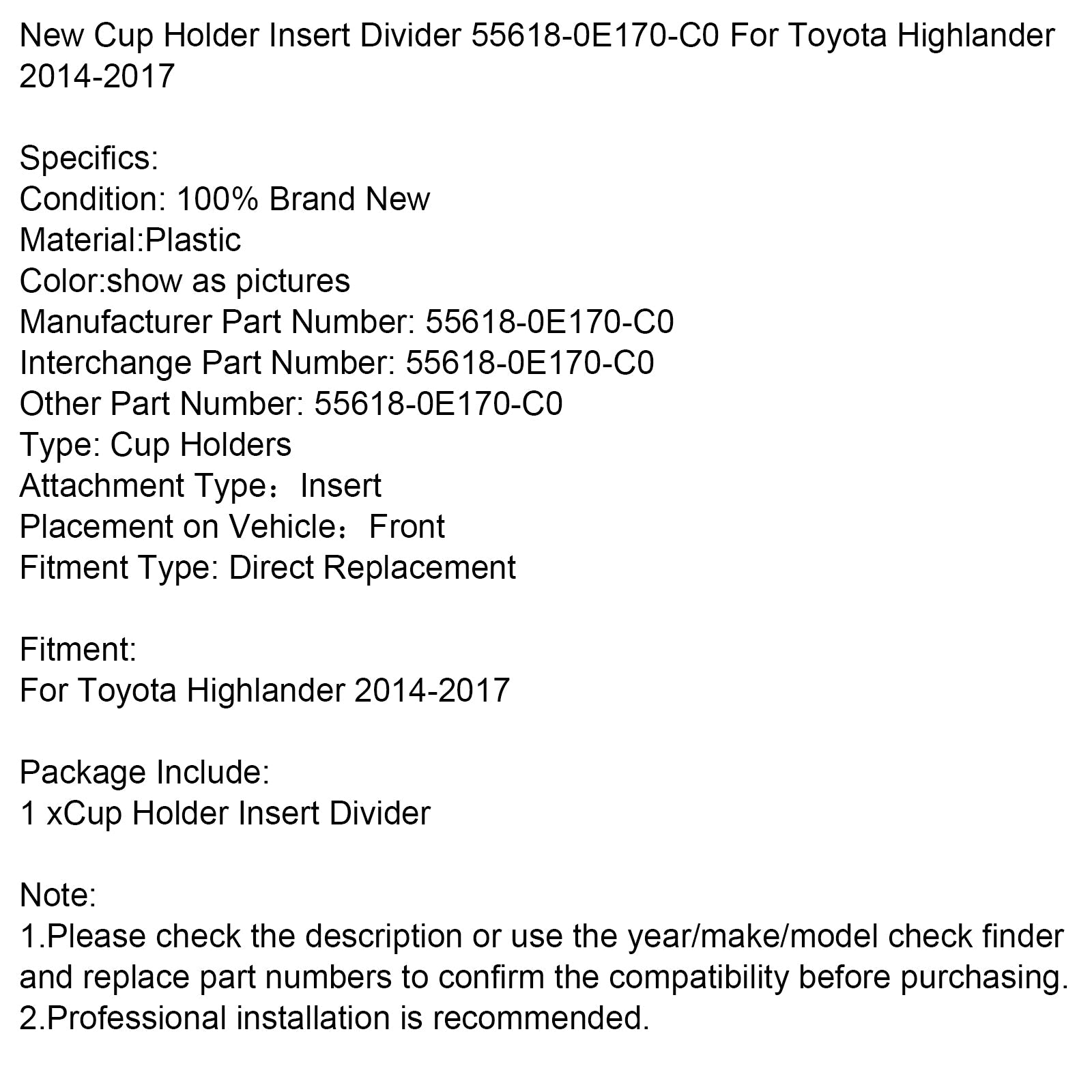 2014-2017 Toyota Highlander New Cup Holder Insert Divider 55618-0E170-C0
