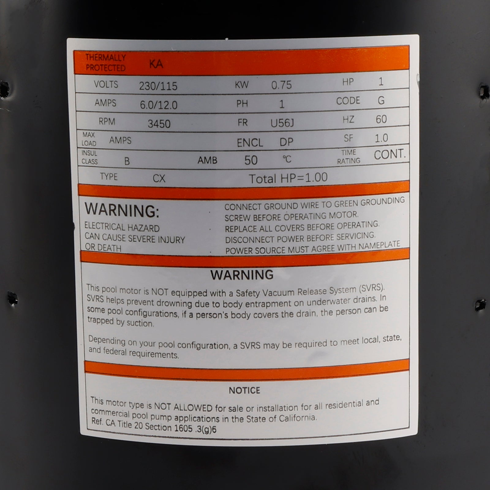 Swimming Pool Motor B228SE 1 HP,3450 RPM, 1 Speed, 230/115 Volts, 6.0/12.0 Amps