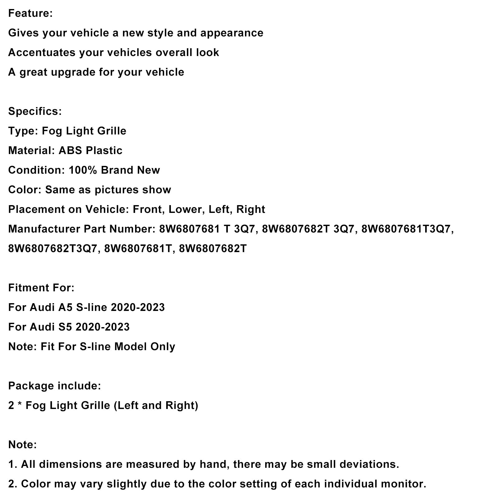 2020-2023 Audi A5 S-line S5 2PCS Front Bumper Fog Light Cover Grille 8W6807682T3Q7