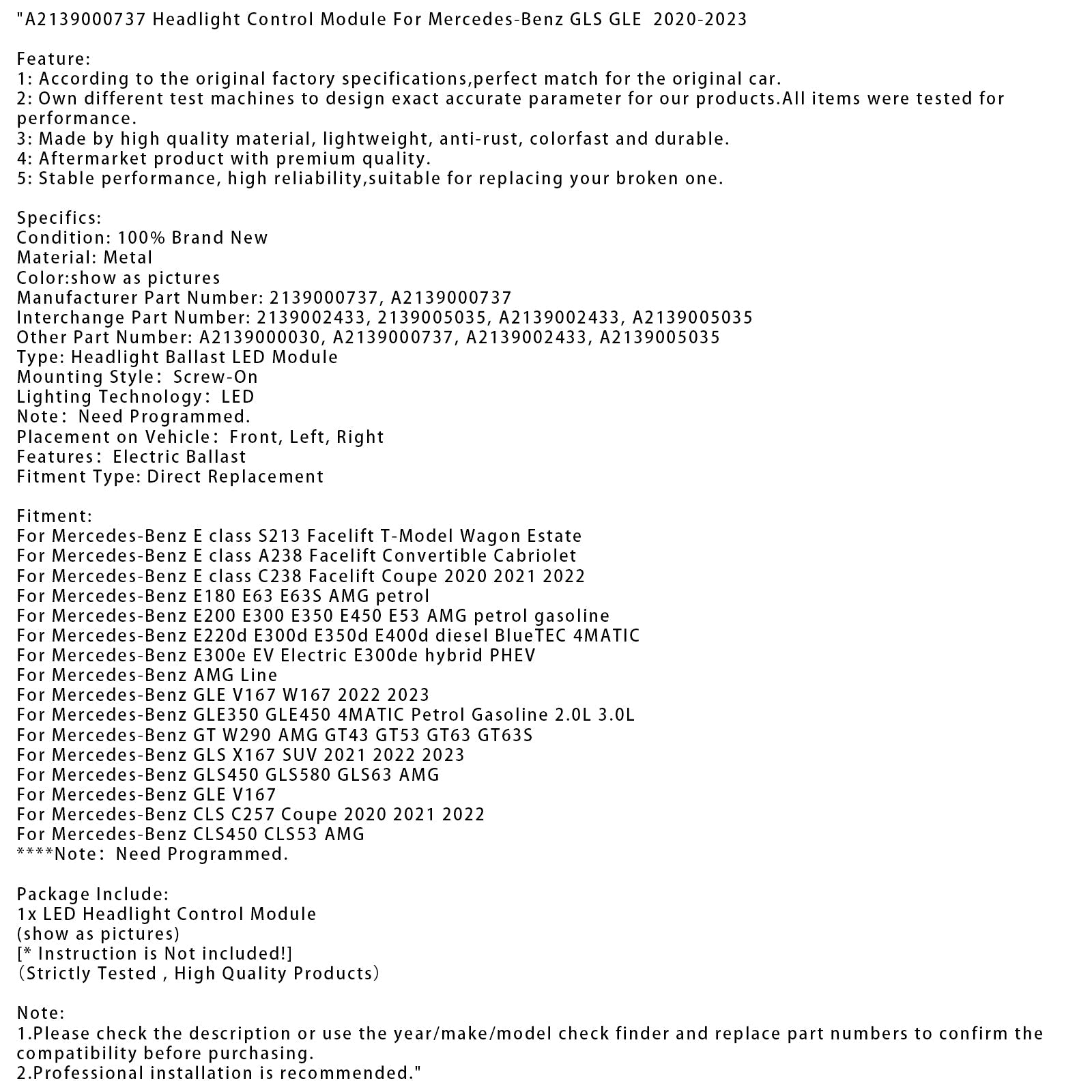 Mercedes-Benz GLE V167 Headlight Control Module A2139000737