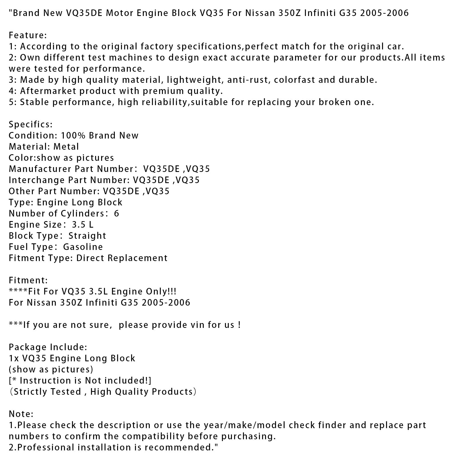 Brand New VQ35DE Motor Engine Block VQ35 For Nissan 350Z Infiniti G35 2005-2006