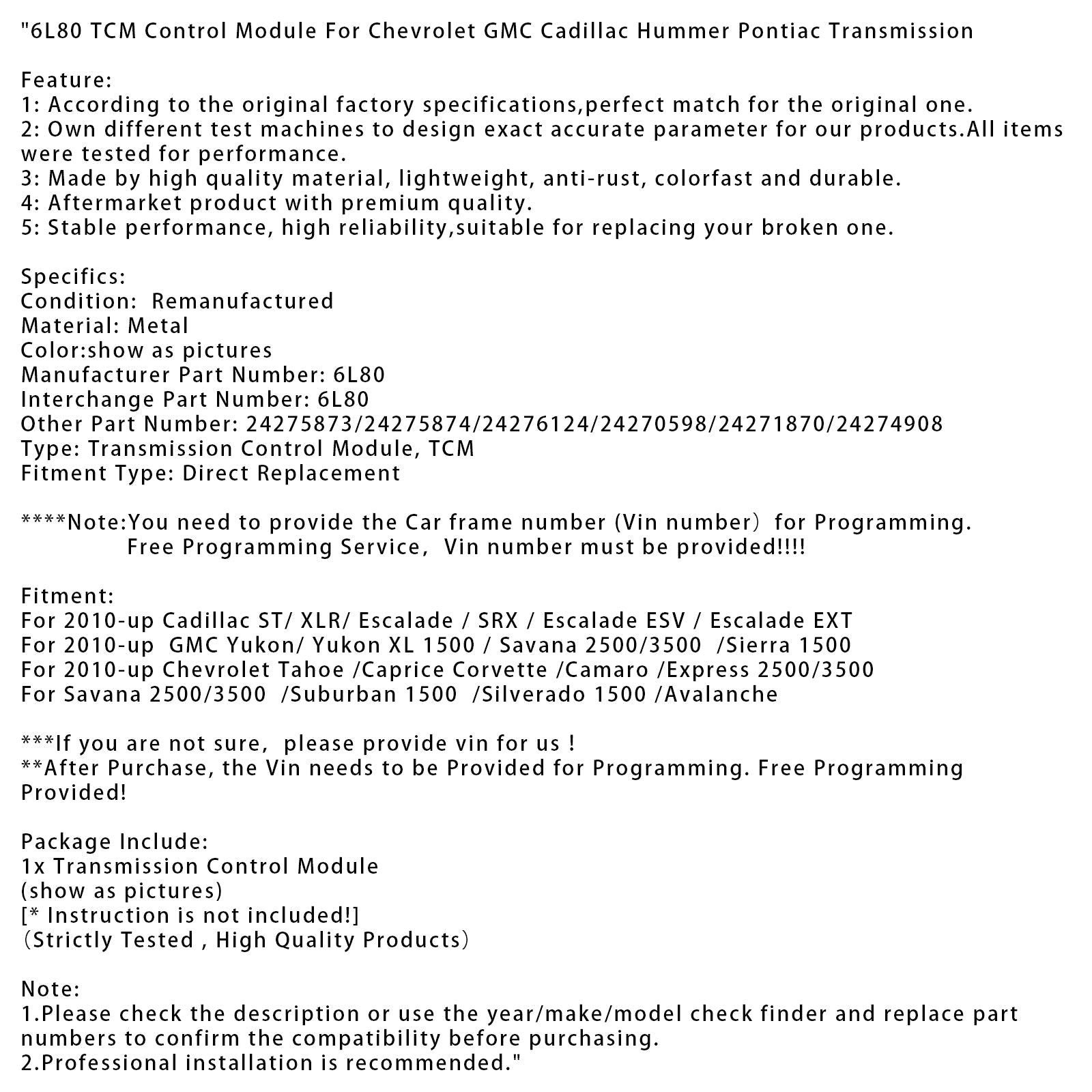 2010-up Chevrolet Tahoe /Caprice Corvette /Camaro /Express 2500/3500 6L80 TCM Control Module 24275873 24274908