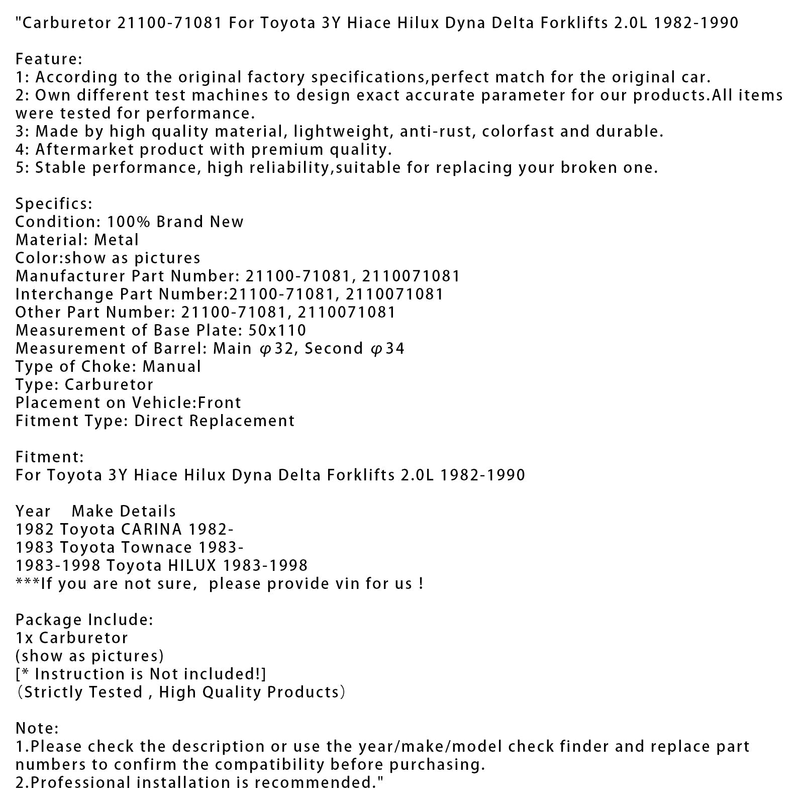 1982 Toyota CARINA Carburetor 21100-71081