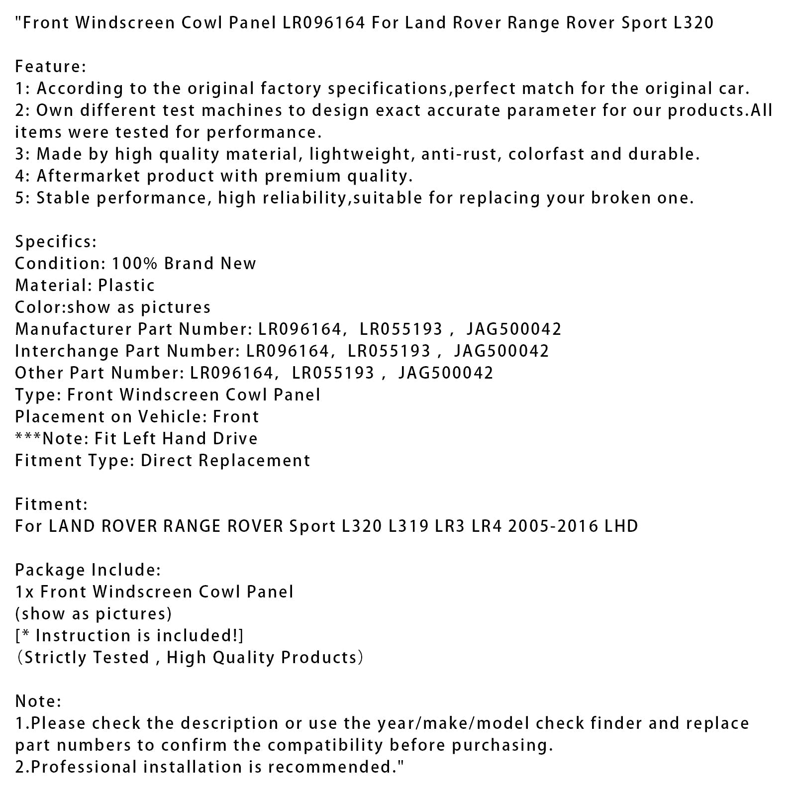 2005-2016 Land Rover Range Rover Sport L320 Front Windscreen Cowl Panel LR096164