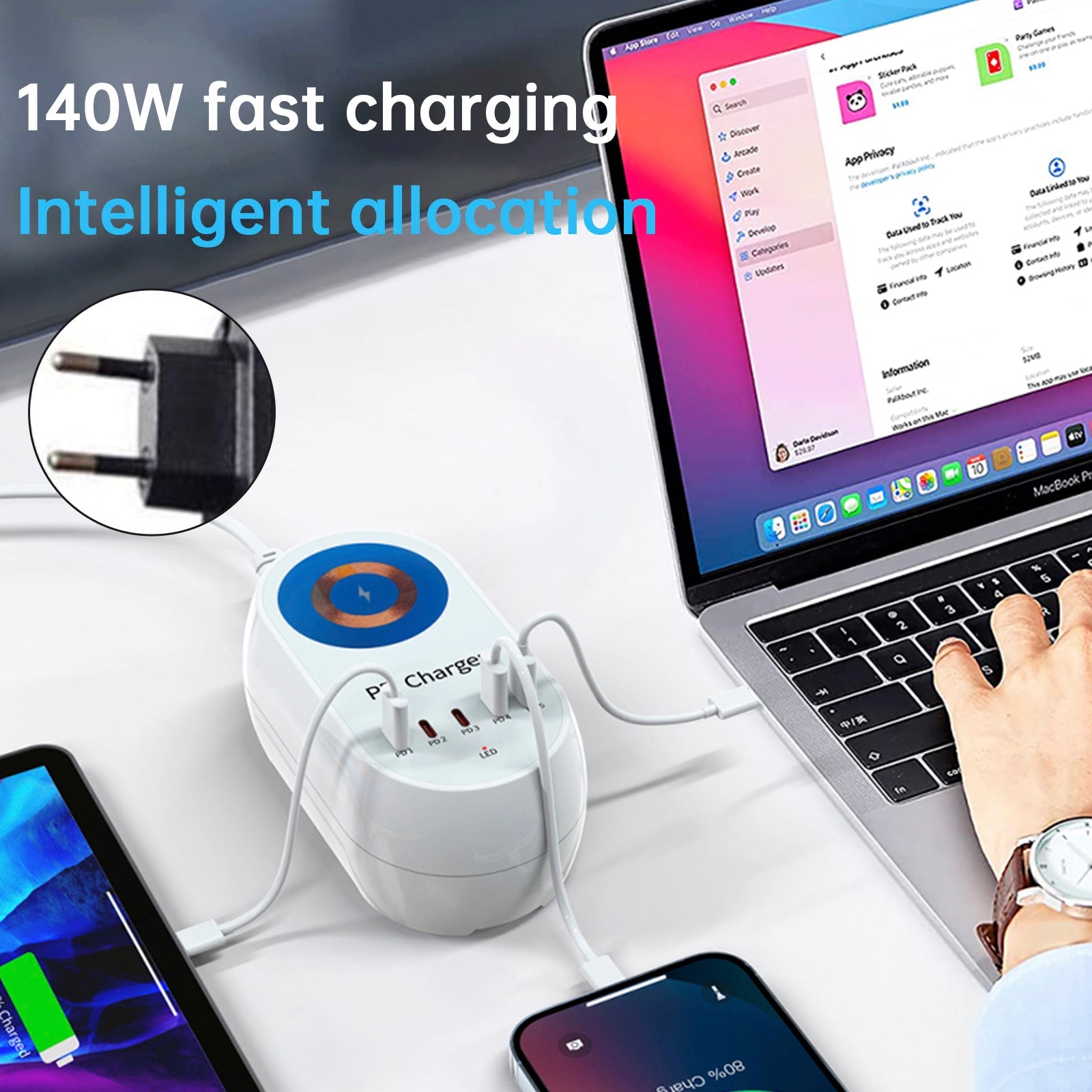 140W PD Multi-Port Charger Magnetic Wireless Fast Charging PD100W Laptop Mobile Phone Charger EU Plug