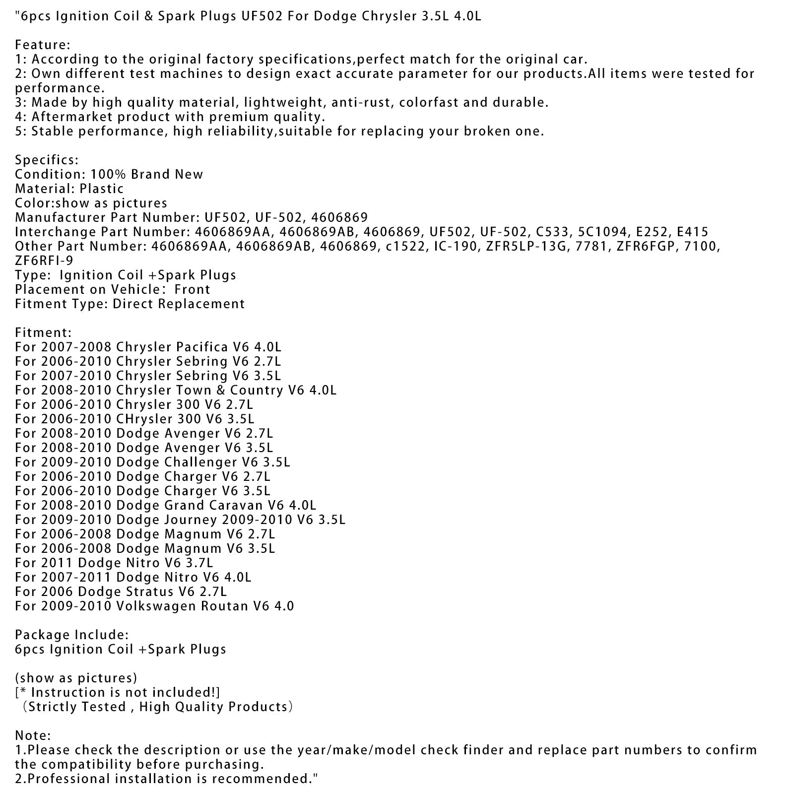 2008-2010 Chrysler Town & Country V6 4.0L 6pcs Ignition Coil & Spark Plugs UF502 4606869 4606869AA