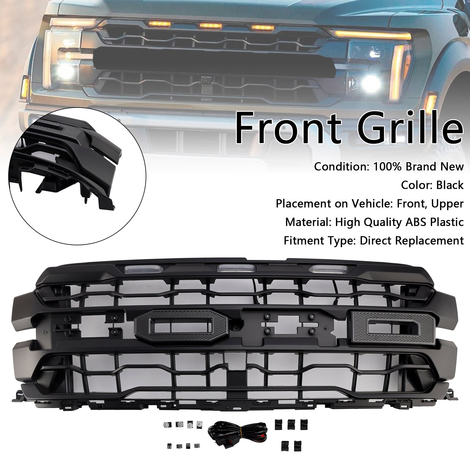Black Front Bumper Grille Grill Fit Ford F150 RAPTOR 2024+ Only