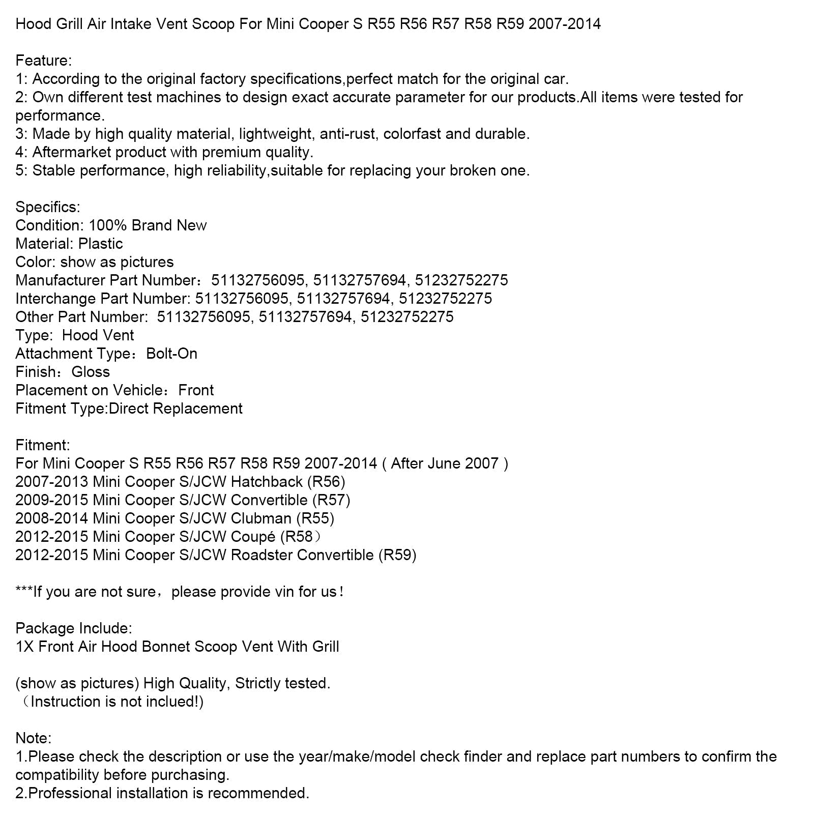 2008-2014 Mini Cooper S/JCW Clubman (R55) Hood Grill Air Intake Vent Scoop 51132756095