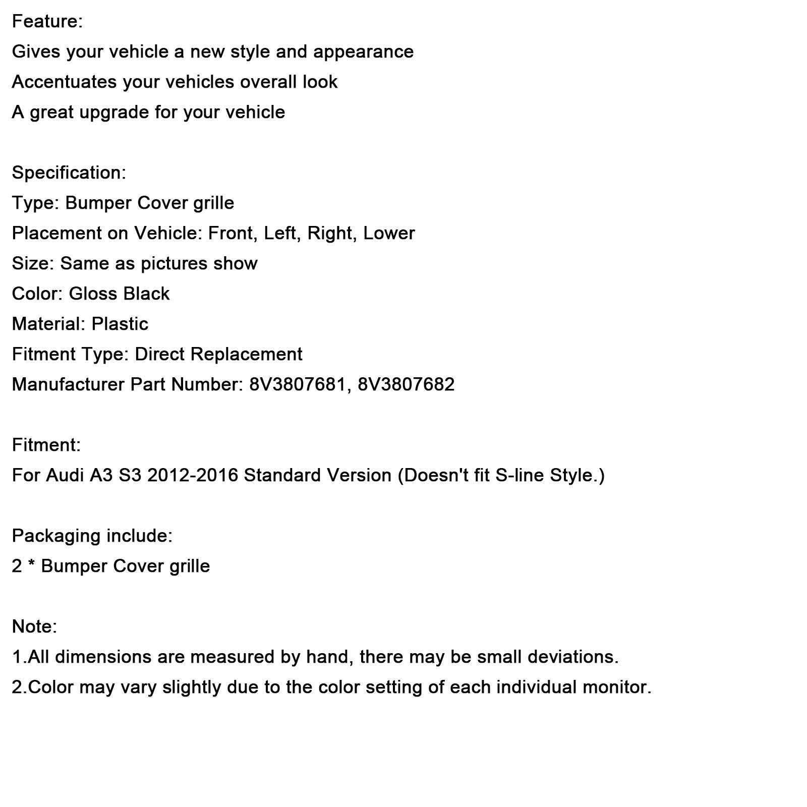 2012-2016 Audi A3 2PCS Front Bumper Fog Light Cover Grille Grill