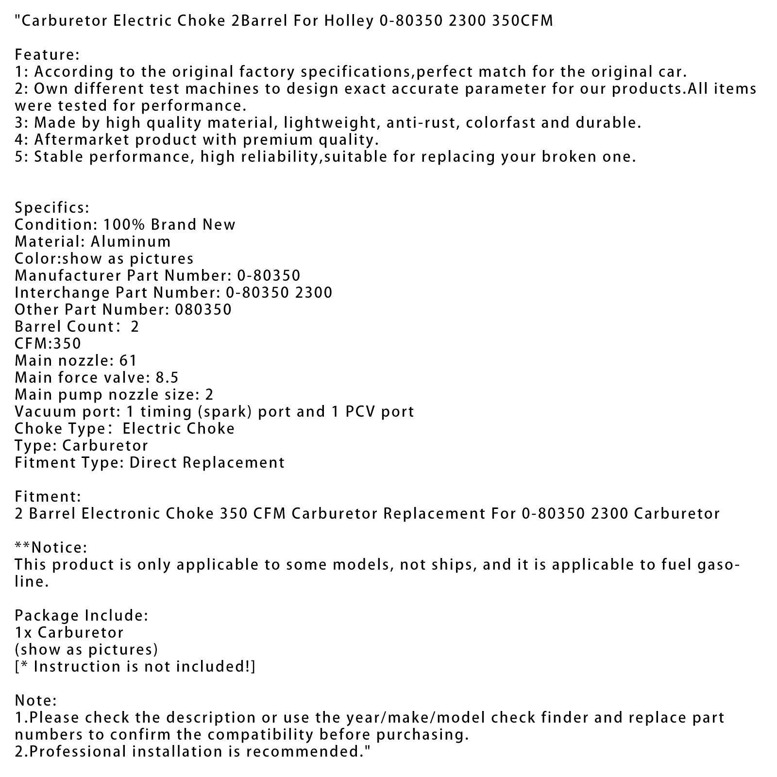 기화기 전기 초크 2 바렐 Holley 0-80350 2300 350cfm