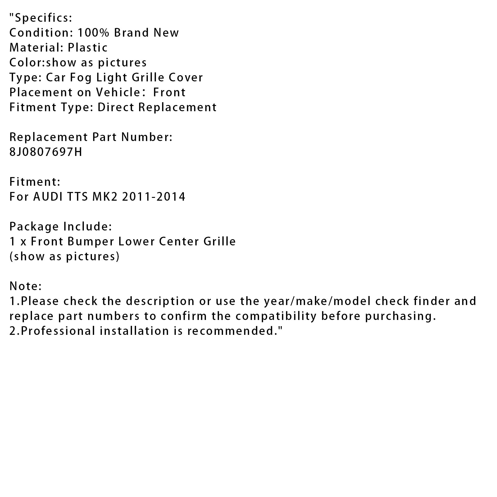 2011-2014 Audi Tts Mk2 Front Bumper Lower Center Grille 8J0807697H