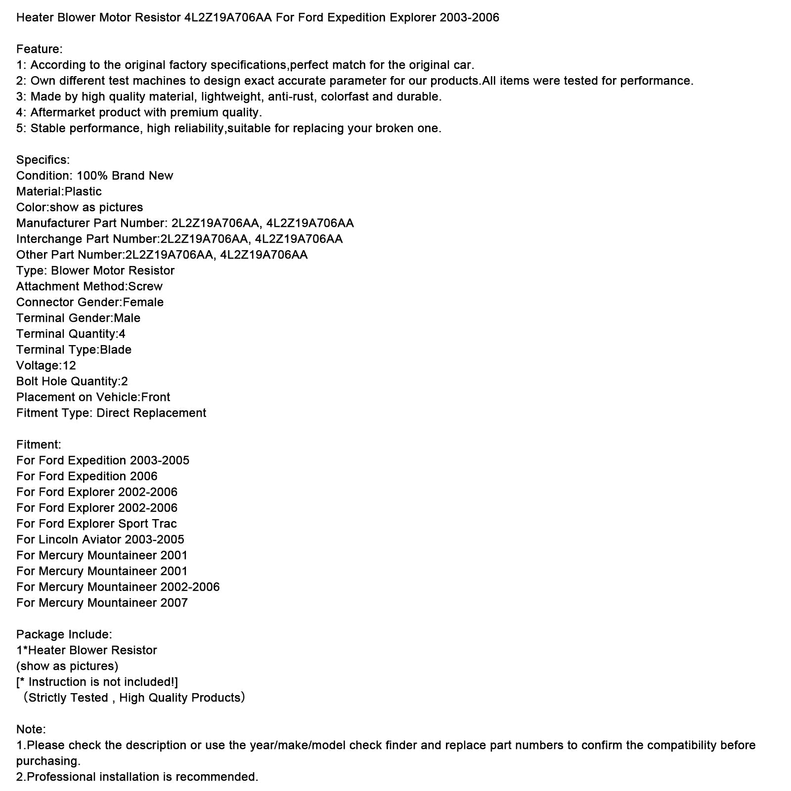 Heater Blower Motor Resistor 4L2Z19A706AA For Ford Expedition Explorer 2003-2006