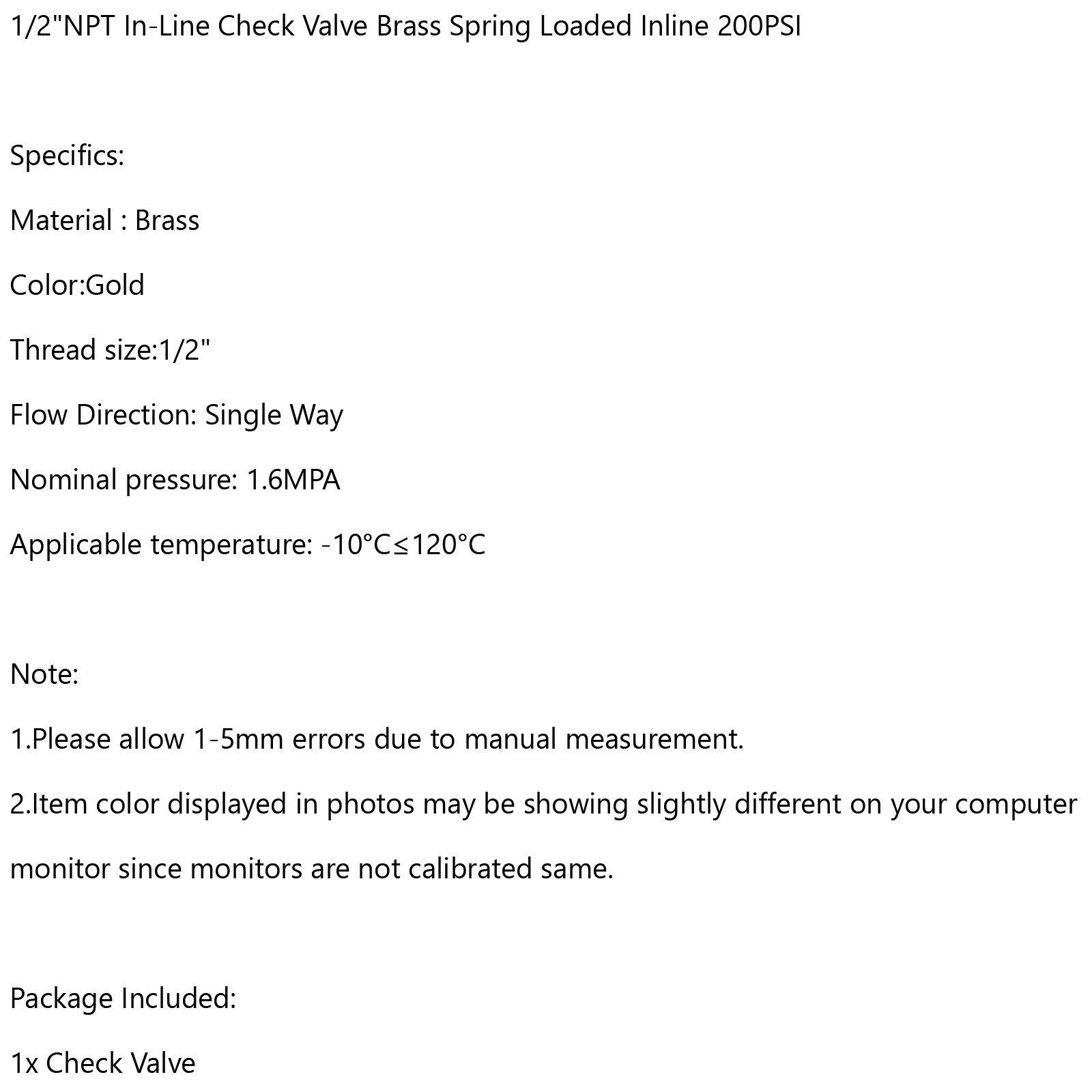 3/4" NPT 인라인 체크 풋 밸브 황동 스프링 장착 필터 200 PSI