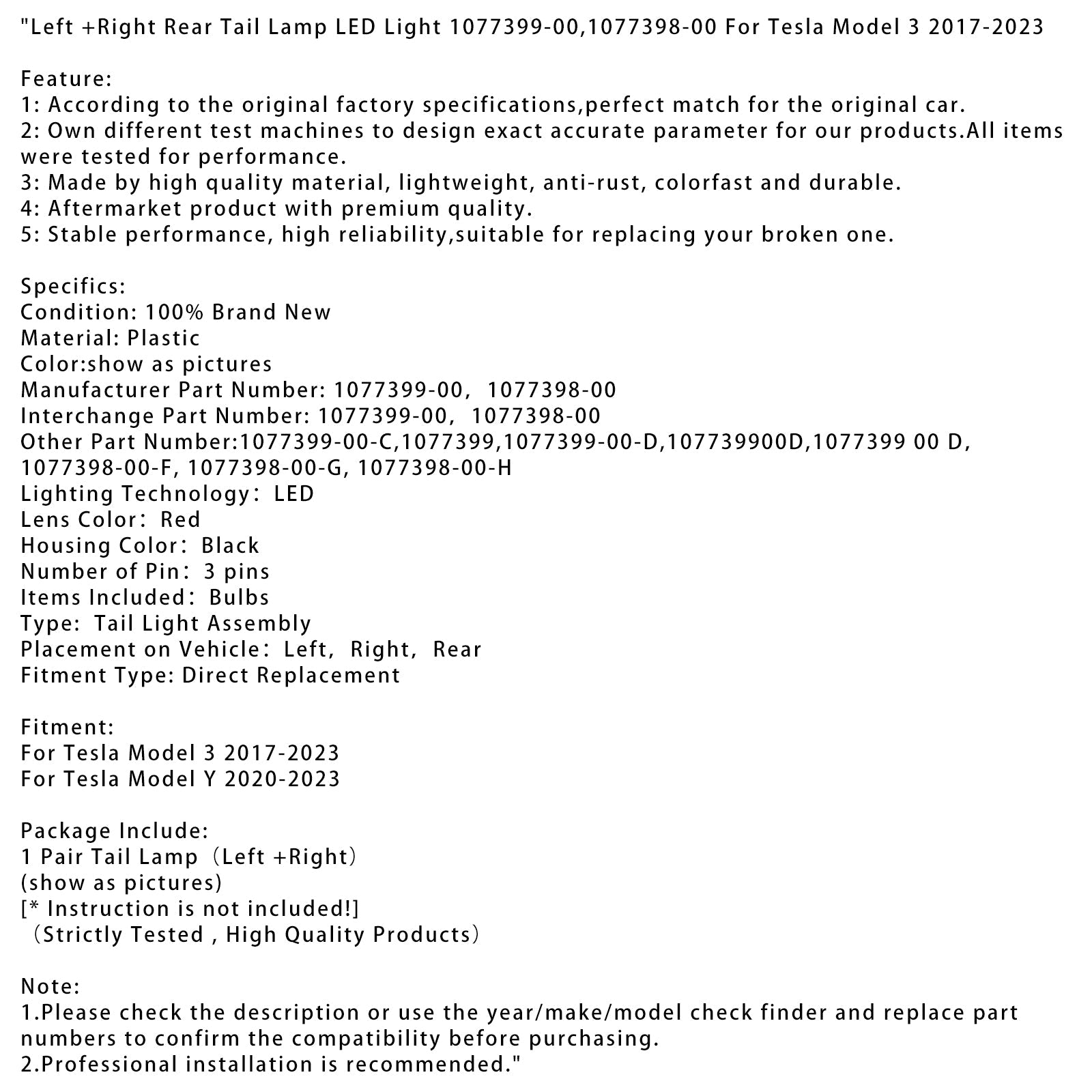 2017-2023 Tesla Model 3 L+R Rear Tail Lamp LED Light 1077399-00,1077398-00