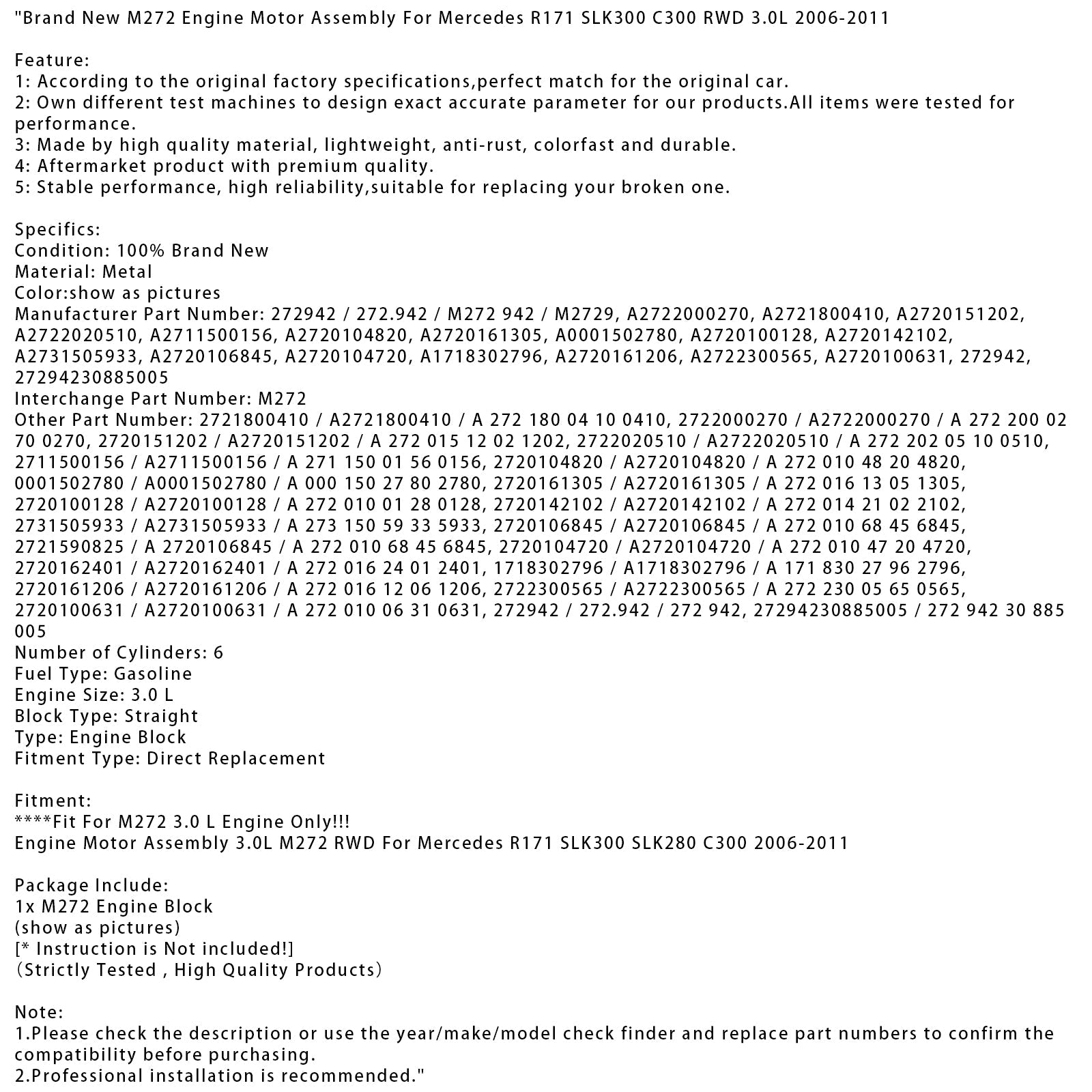 New M272 Engine Motor Assembly For Mercedes R171 SLK300 C300 RWD 3.0L 2006-2011