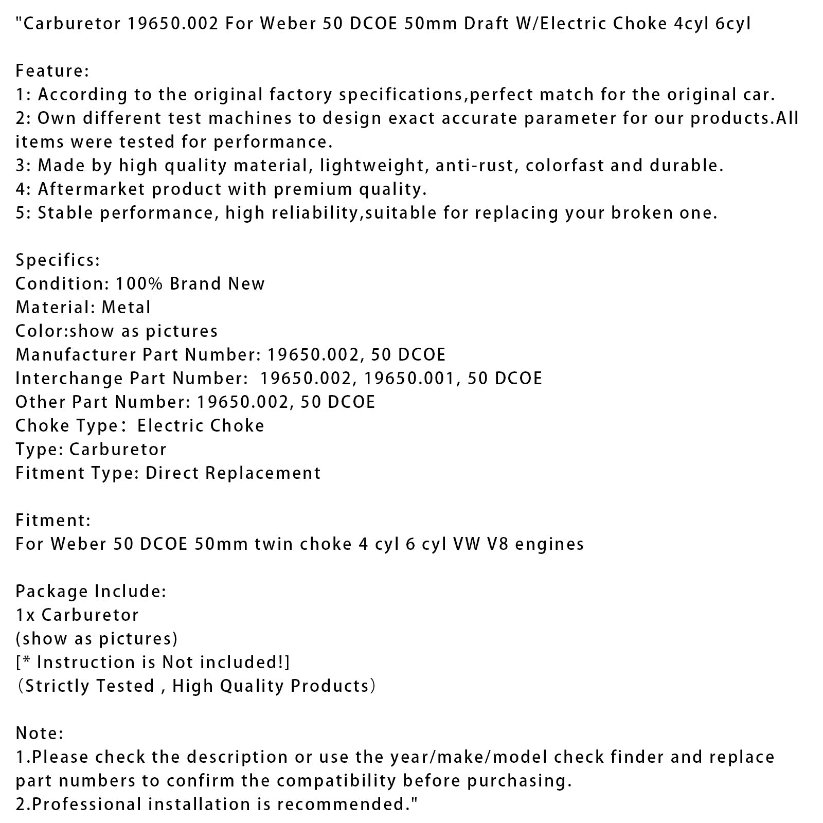 Carburetor 19650.002 For Weber 50 DCOE 50mm Draft W/Electric Choke 4cyl 6cyl