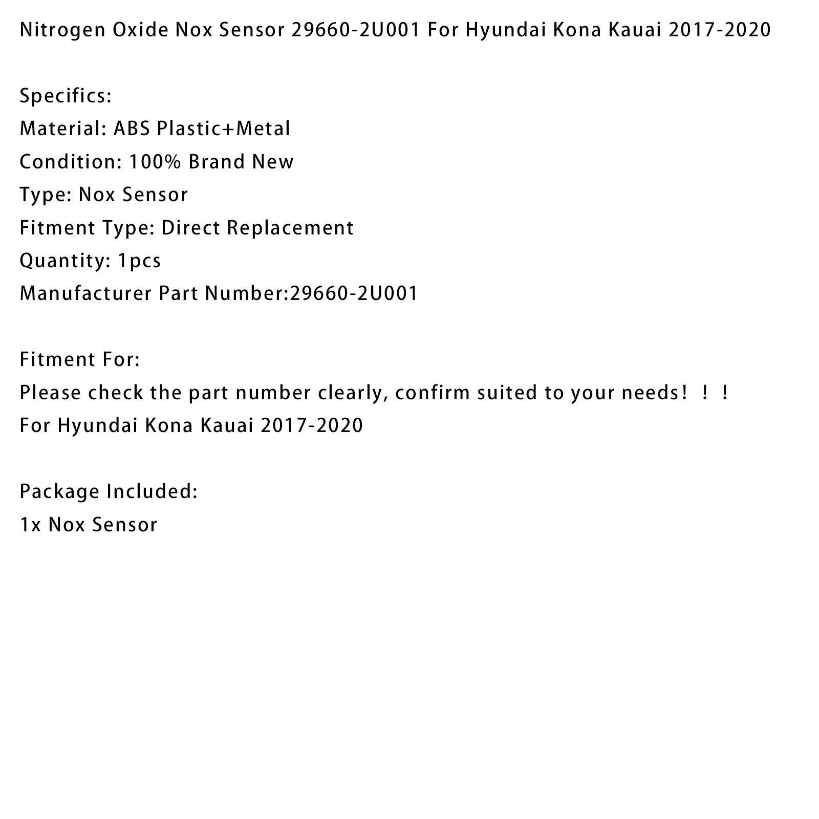 2017-2020 Hyundai Kona Kauai Nitrogen Oxide Nox Sensor 29660-2U001
