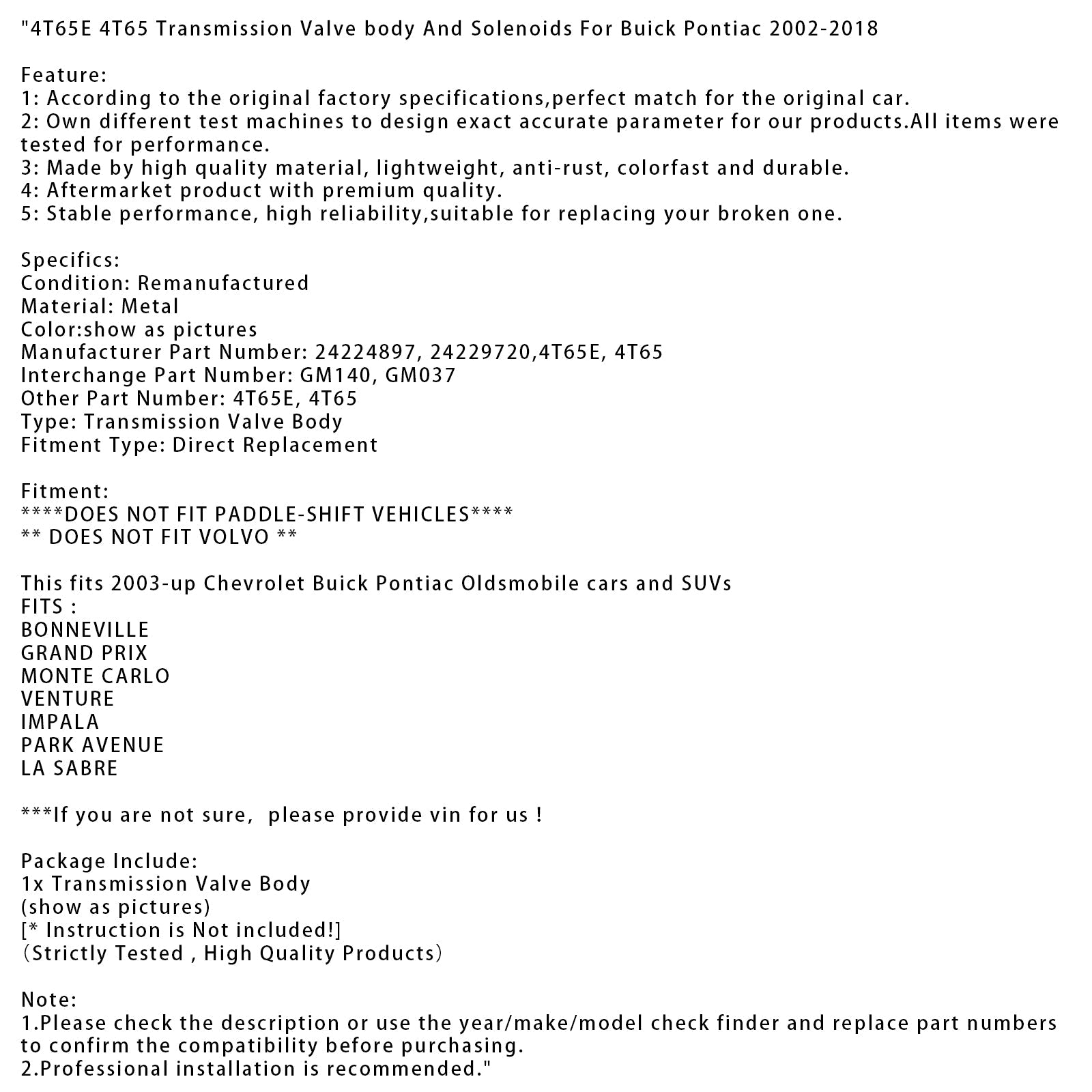 2002-2018 Buick Pontiac Transmission Valve body And Solenoids 4T65E 4T65