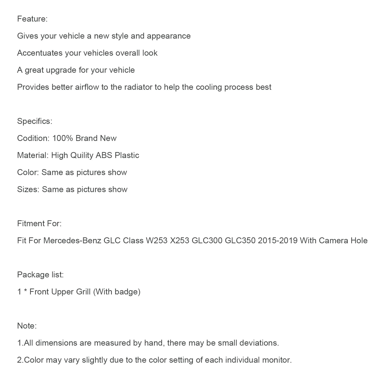 Front Bumper Grille Grill Fit Mercedes Benz GLC X253 C253 2015-2019 Gloss Black