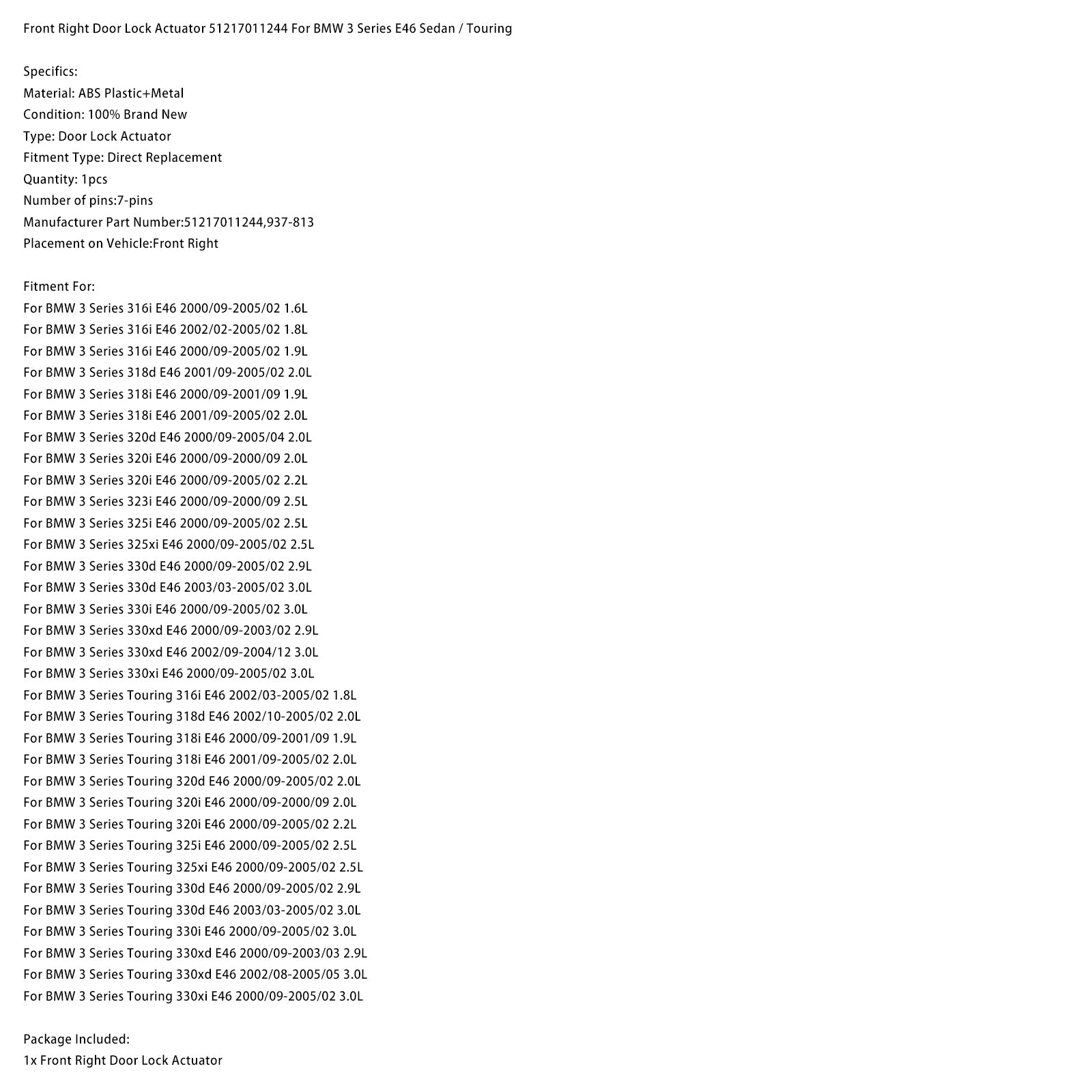 Front Right Door Lock Actuator 51217011244 For BMW 3 Series E46 Sedan / Touring