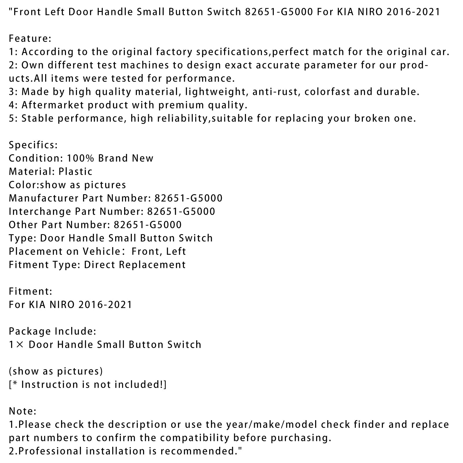Front Left Door Handle Small Button Switch 82651-G5000 For KIA NIRO 2016-2021